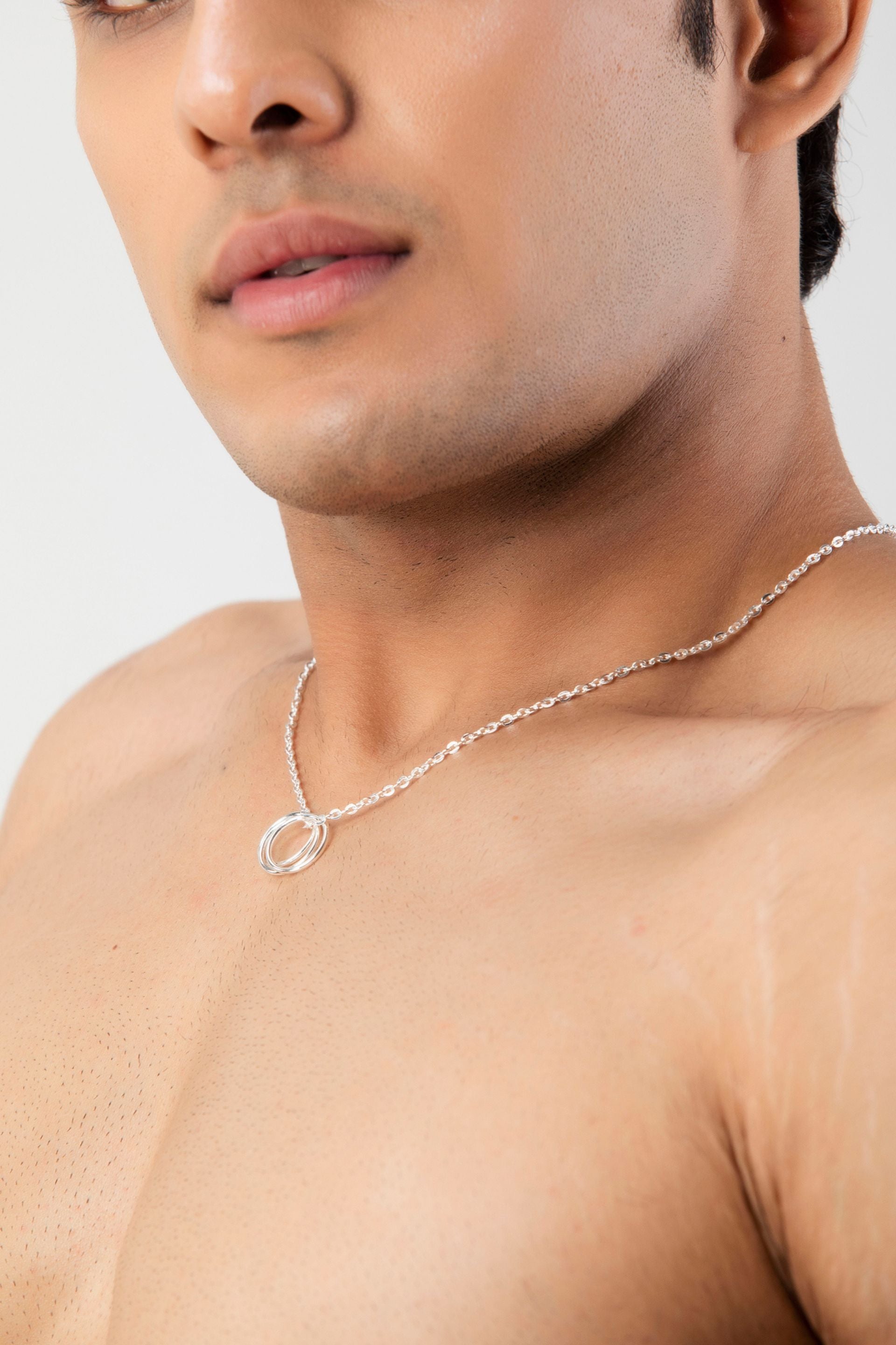 Firangi Yarn Classic Silver 3 Rings Pendant Simple Link Chain Necklace For Him