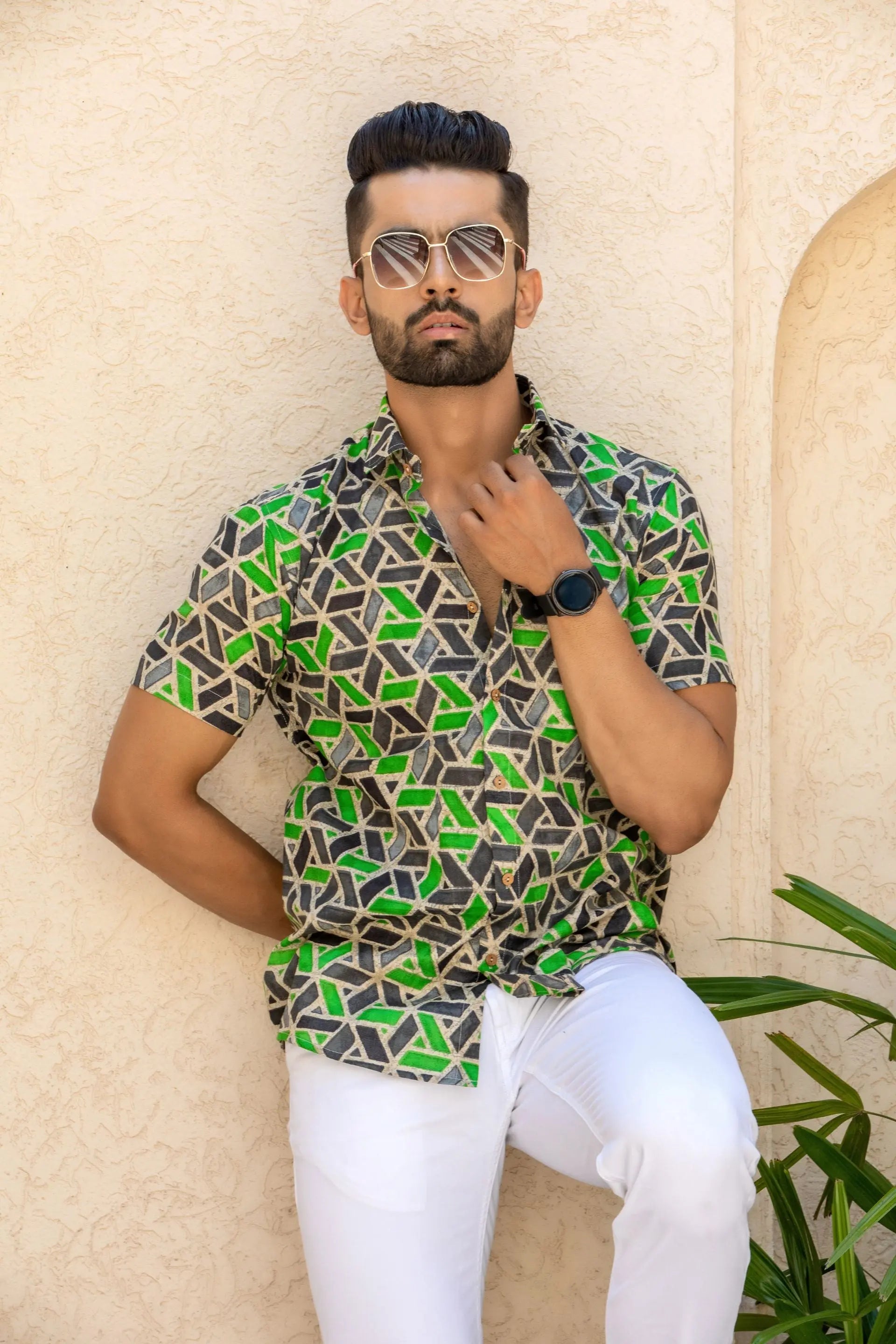Firangi Yarn Green Geometric Printed Cotton Shirt For Men - Half Sleeves