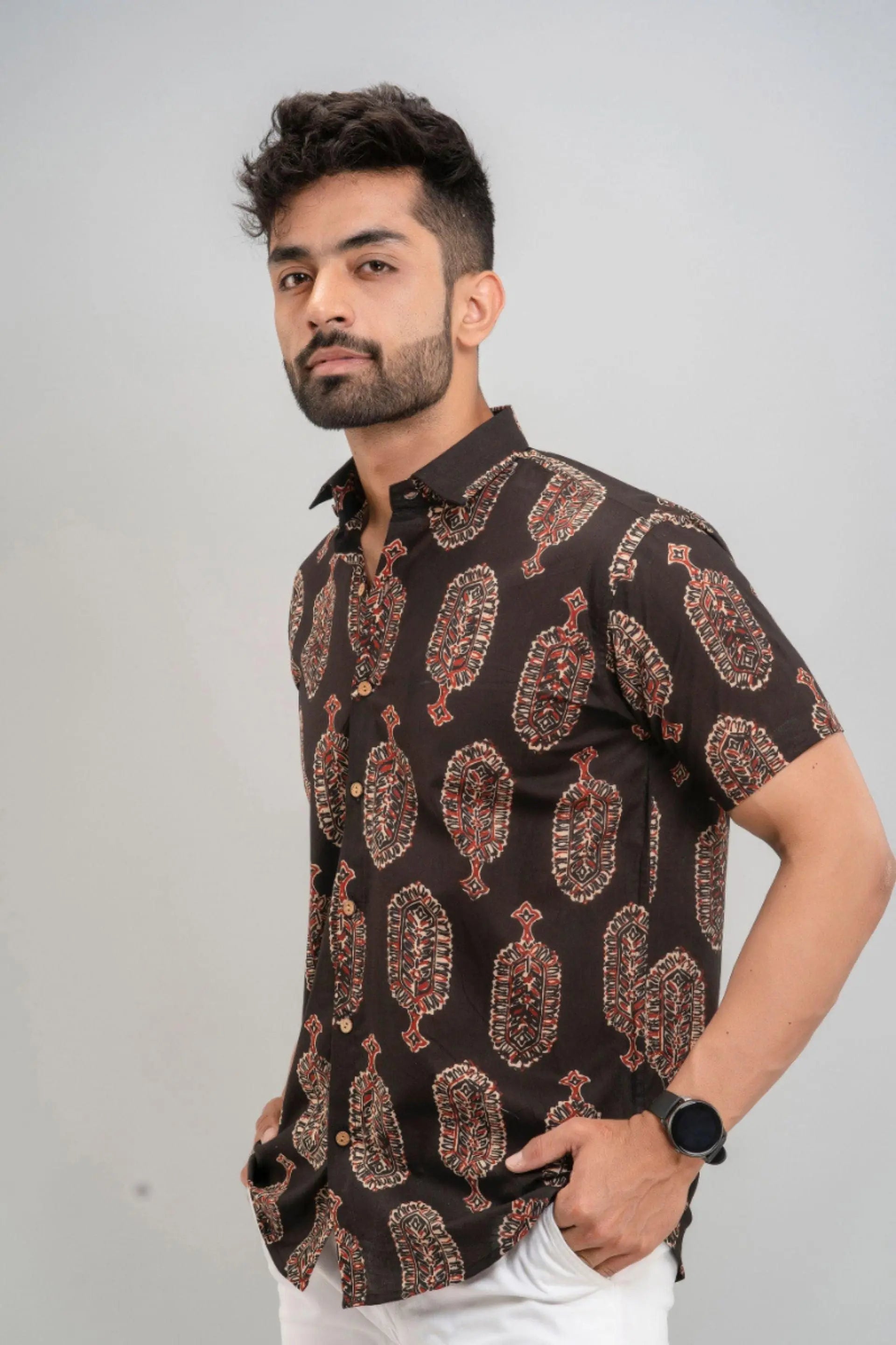 Firangi Yarn Block Printed Cotton Indian Motif Black Shirt For Men