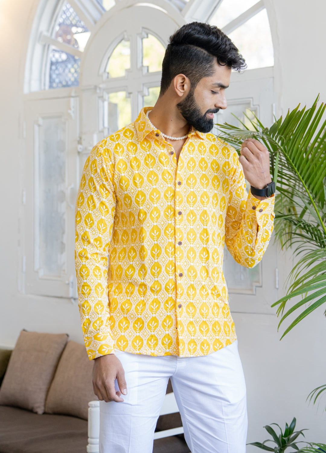 Firangi Yarn Super Soft Full Sleeves Chikankari Schiffli Embroided Men's Shirt Yellow