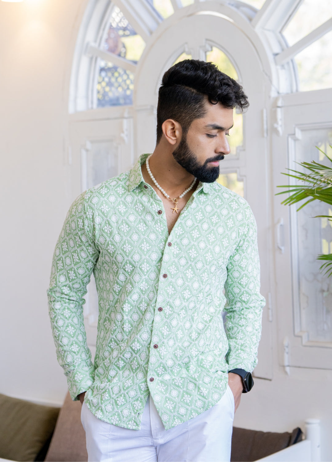 Firangi Yarn Super Soft Full Sleeves Chikankari Schiffli Embroided Men's Shirt Green