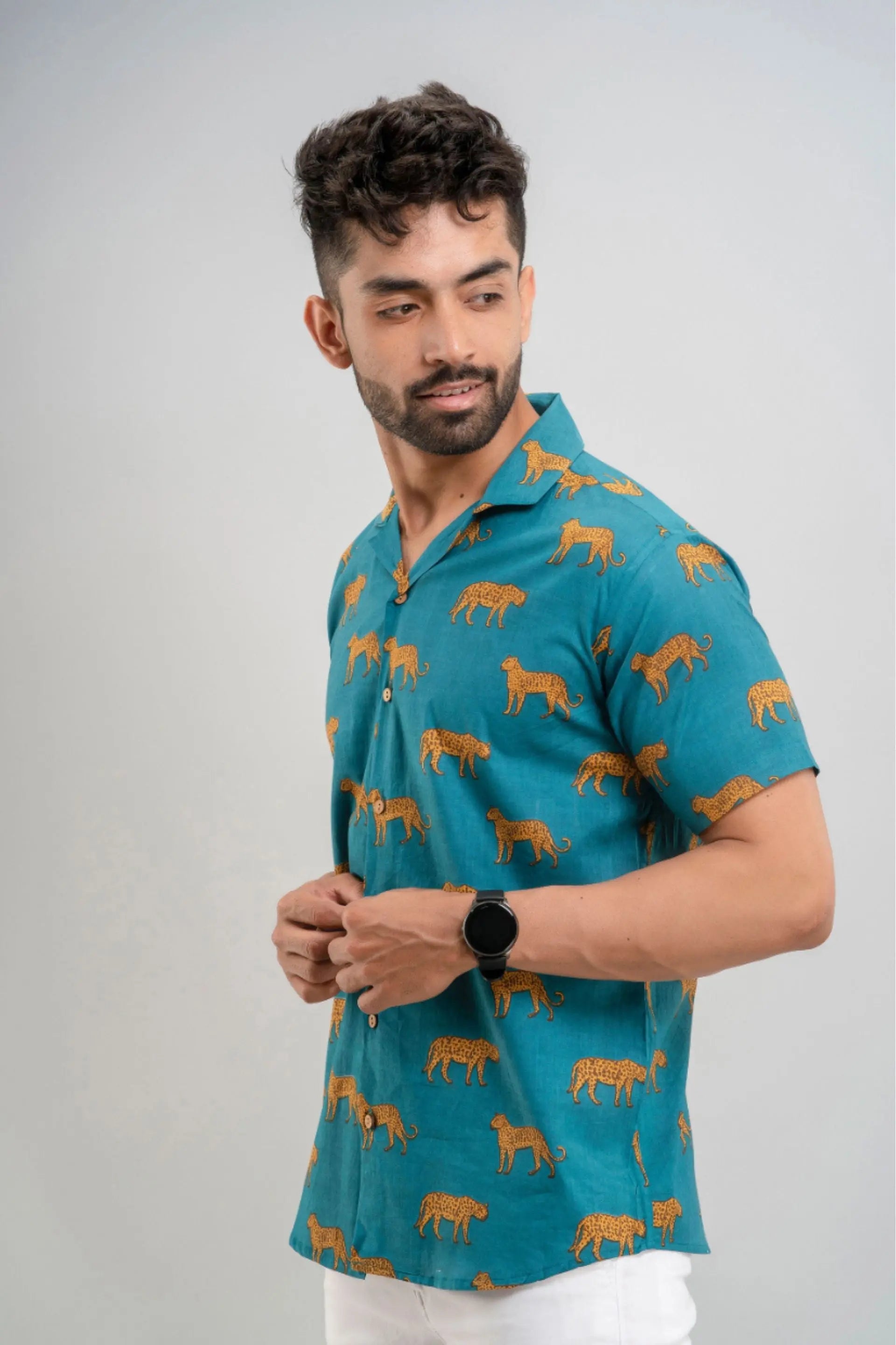 Firangi Yarn Tiger Block Printed Cotton Turquoise Cuban Collar Shirt For Men