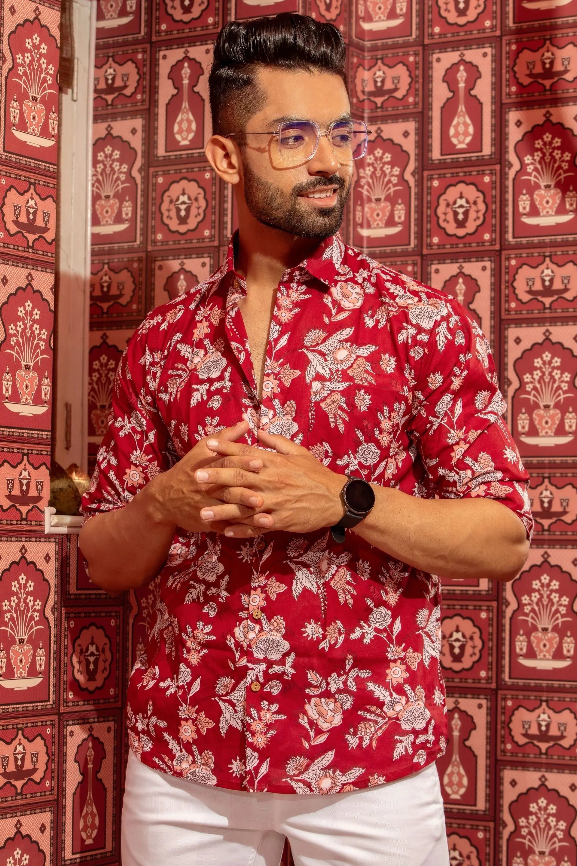 Firangi Yarn Maroon 100% Cotton Floral Shirt For Men - Full Sleeves