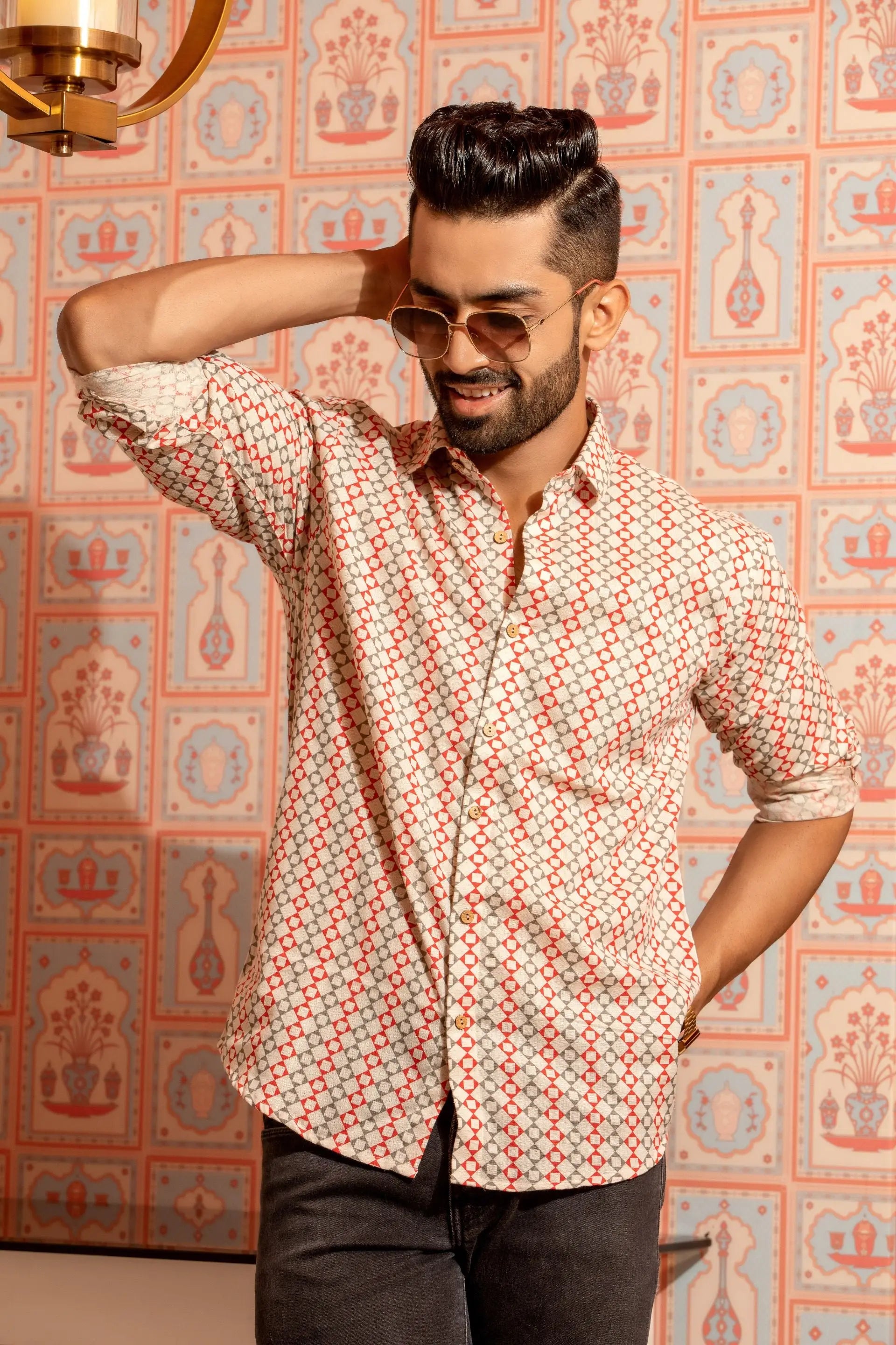 Firangi Yarn White/Red Geometric Printed Flex Cotton Shirt For Men - Full Sl