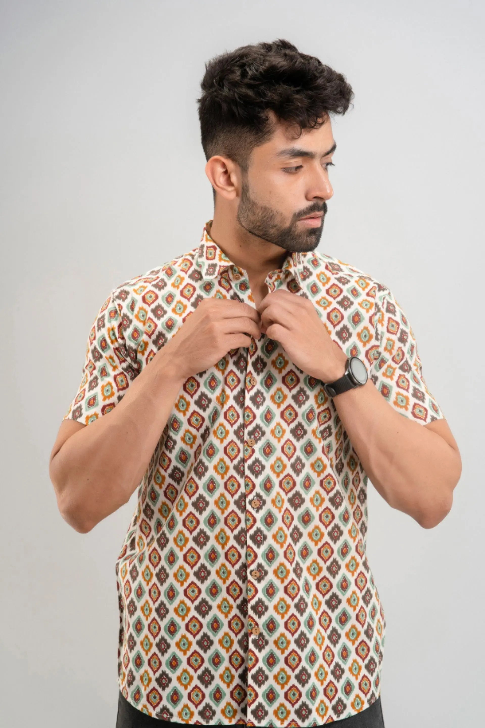 Firangi Yarn Ikkat Printed Cotton Mirage Shirt For Men