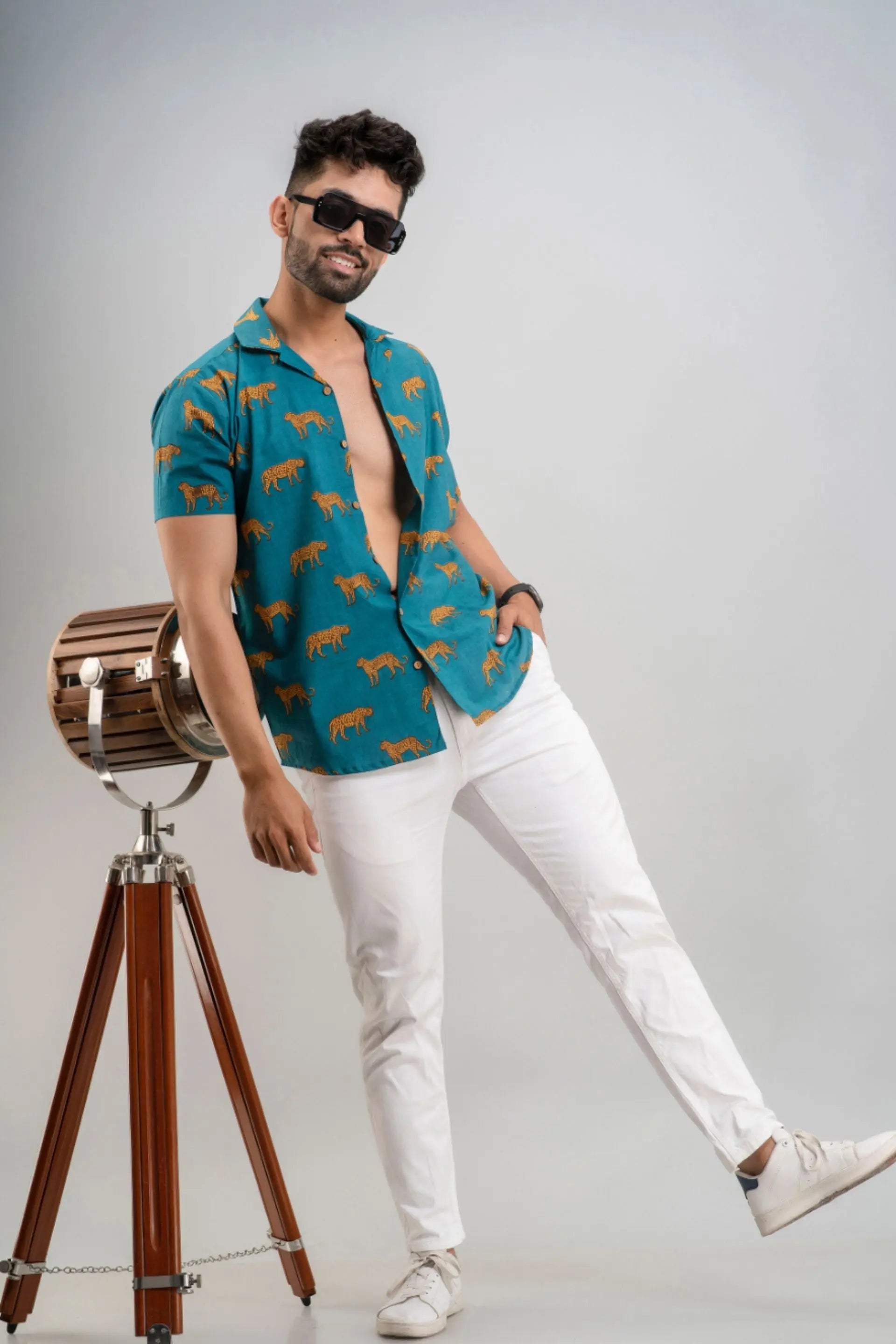 Firangi Yarn Tiger Block Printed Cotton Turquoise Cuban Collar Shirt For Men