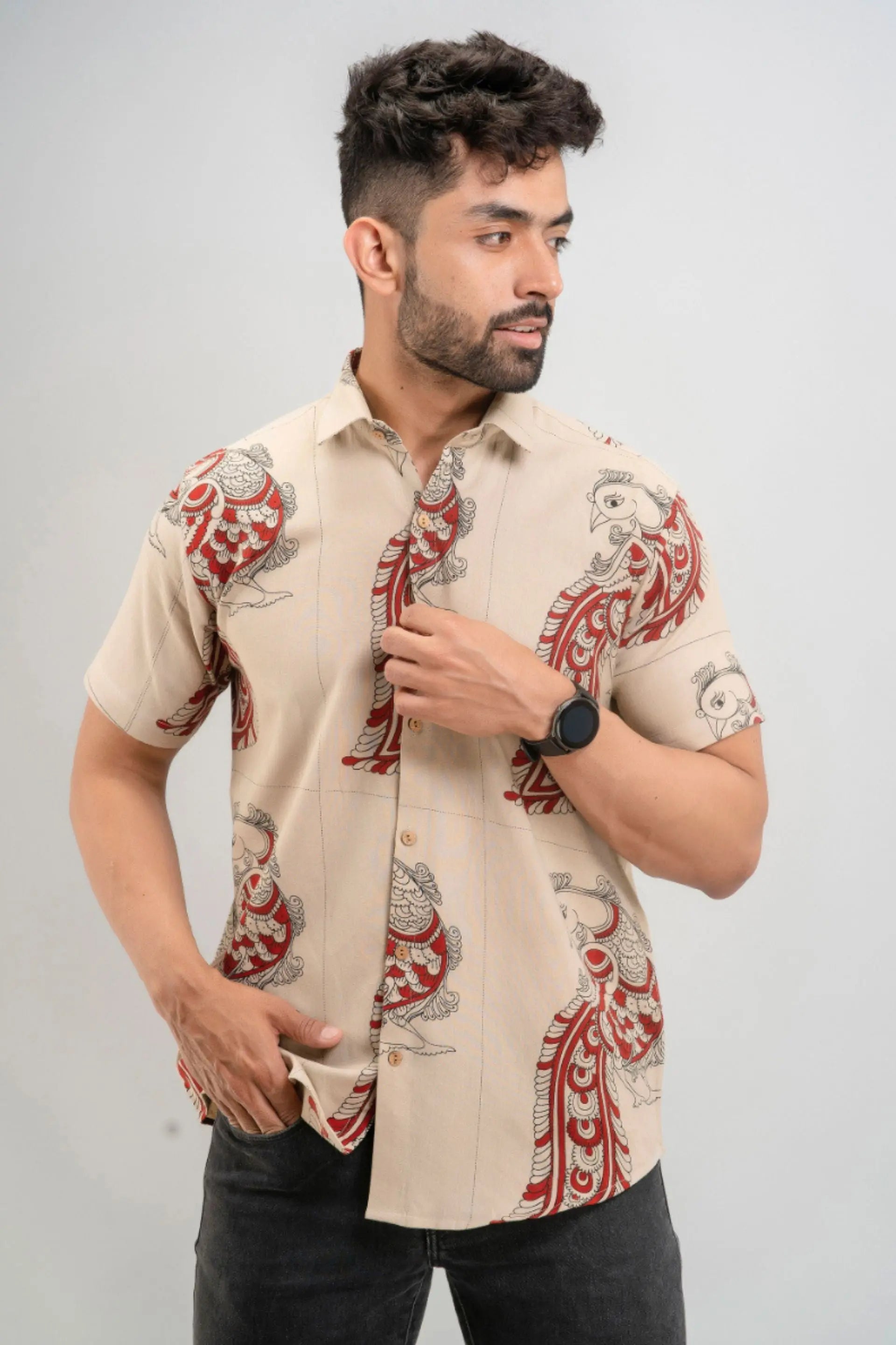 Firangi Yarn Madhubani Block Printed Cotton Peacock Shirt For Men