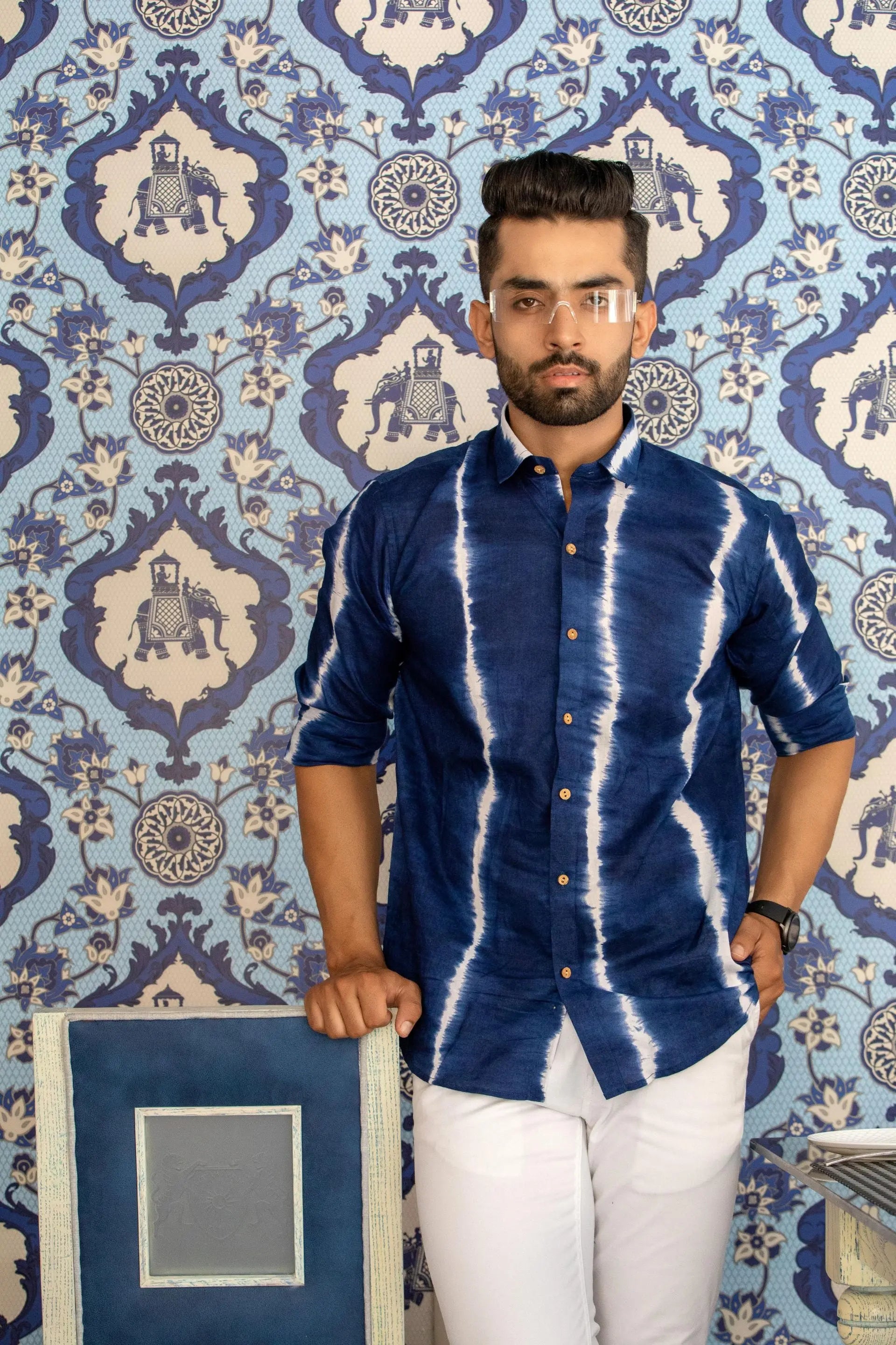 Firangi Yarn Indigo Tie&Dye 100% Cotton Shirt For Men - Full Sleeves