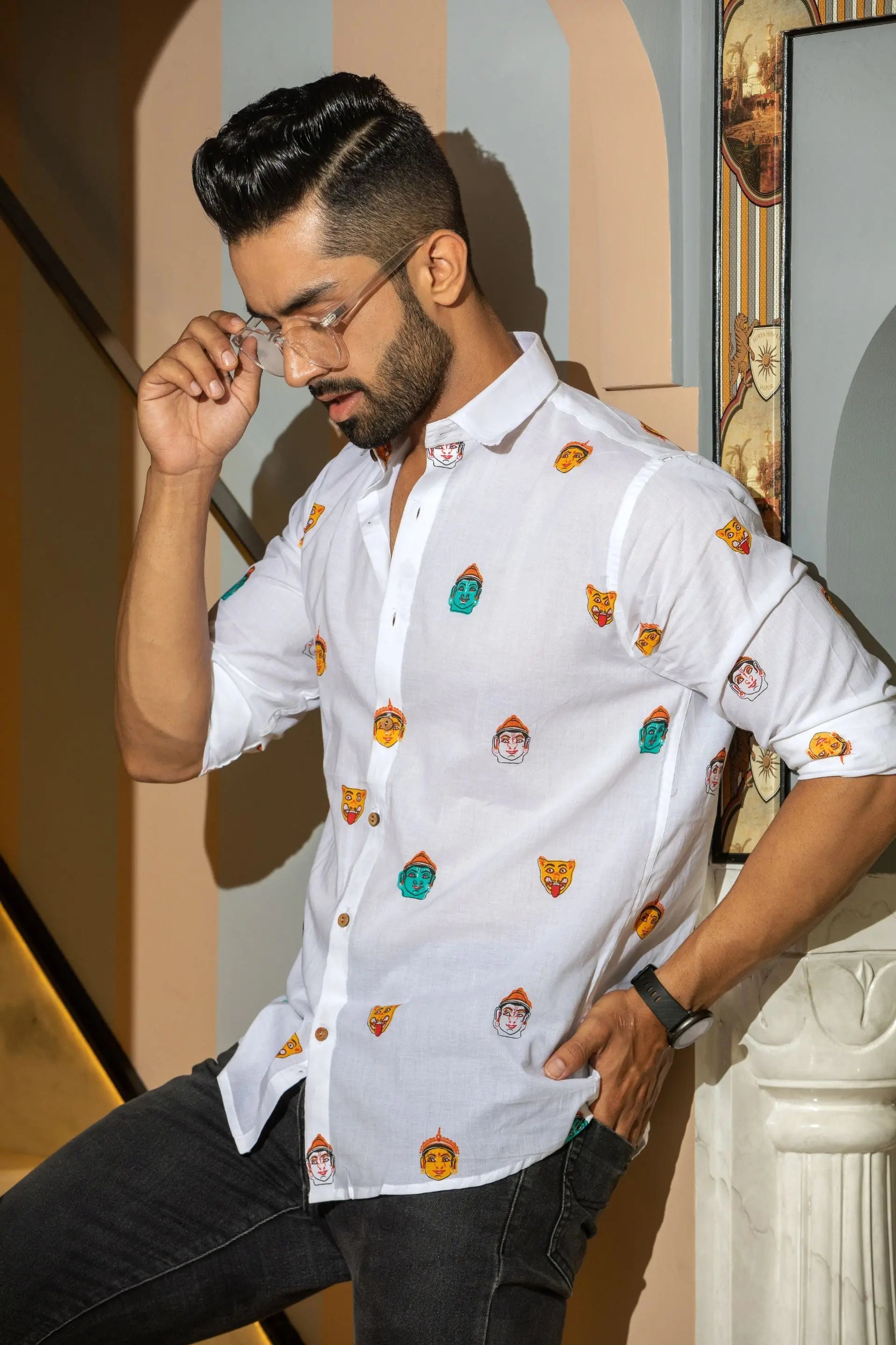 Firangi Yarn White Manipuri Printed 100% Cotton Shirt For Men - Full Sleeves