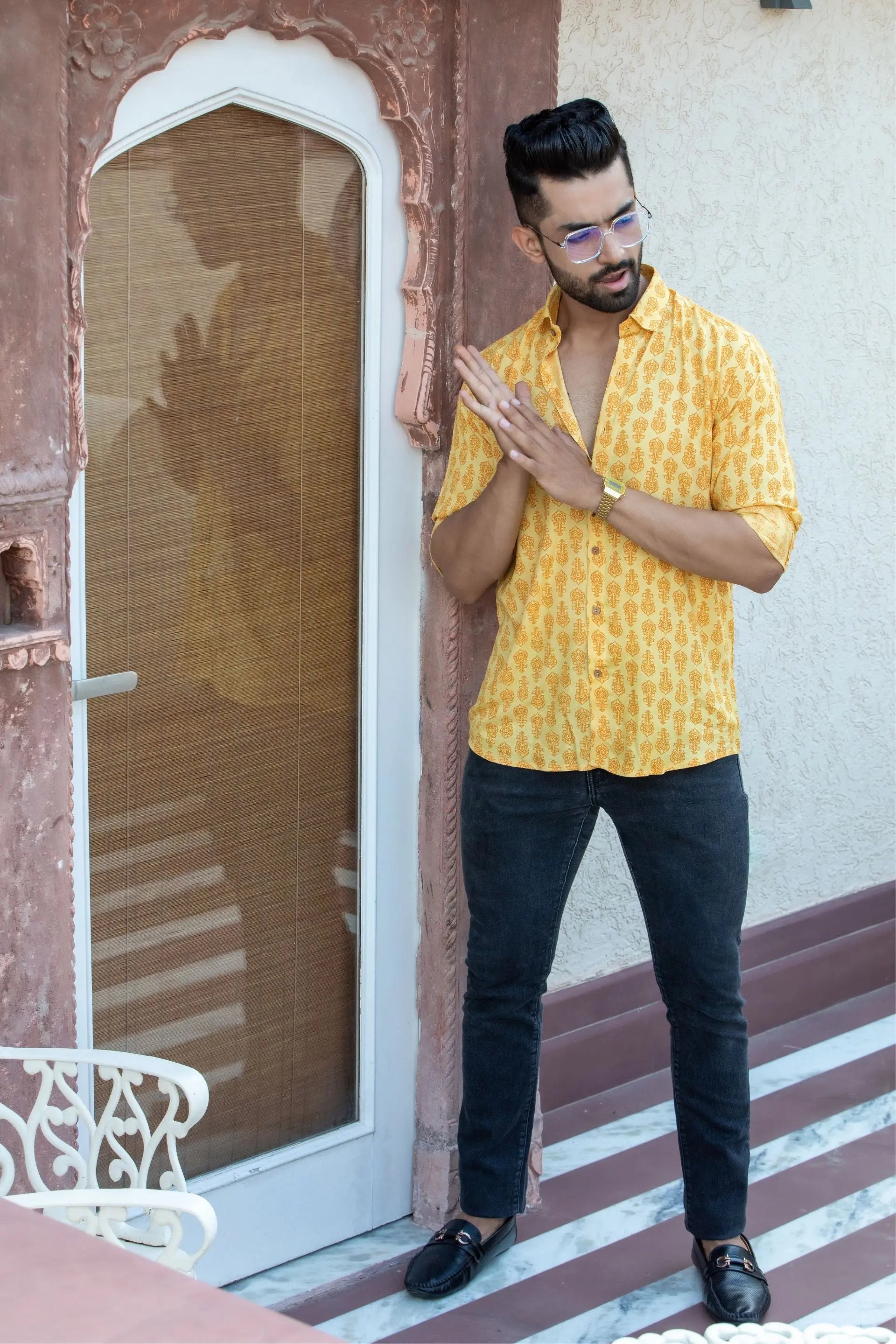 Firangi Yarn Yellow Festive Printed Rayon Shirt For Men - Full Sleeves