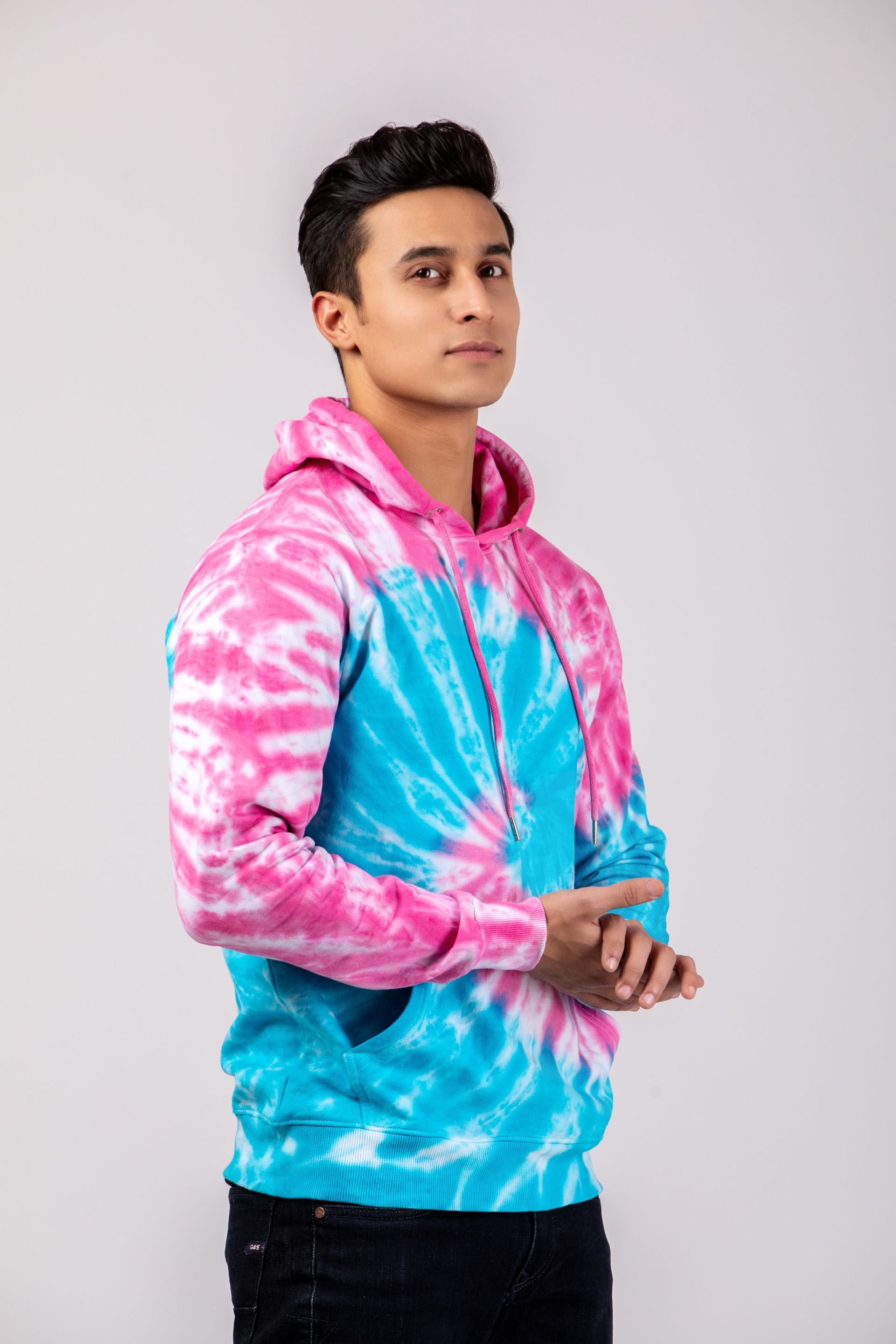 Firangi Yarn Super Soft Cotton Tie&Dye Blue and Pink Ombre Hoodie With Kangaroo Pockets