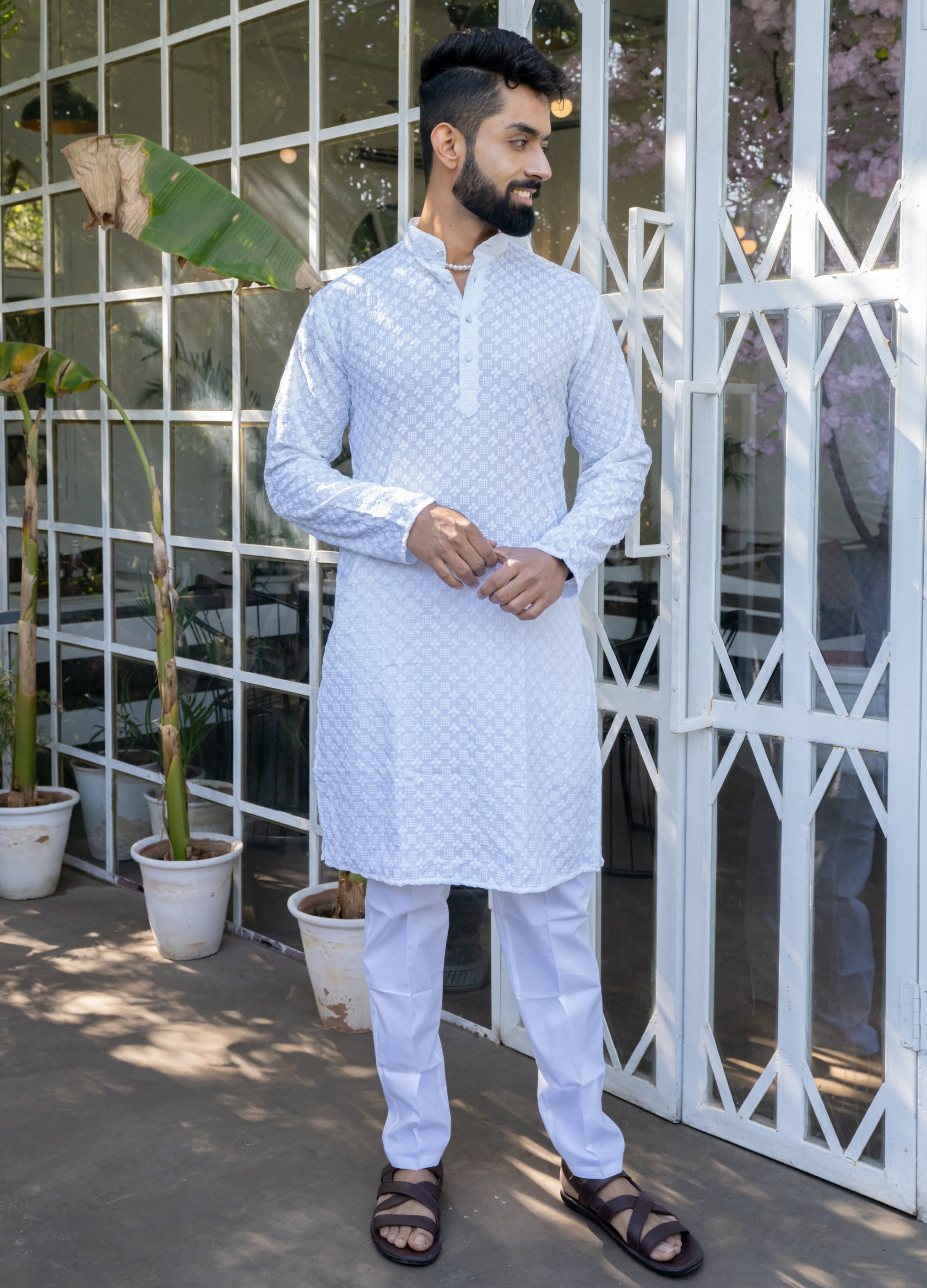 Firangi Yarn Lucknowi Lakhnavi Chikankari Sequin Work Cotton Kurta For Men White