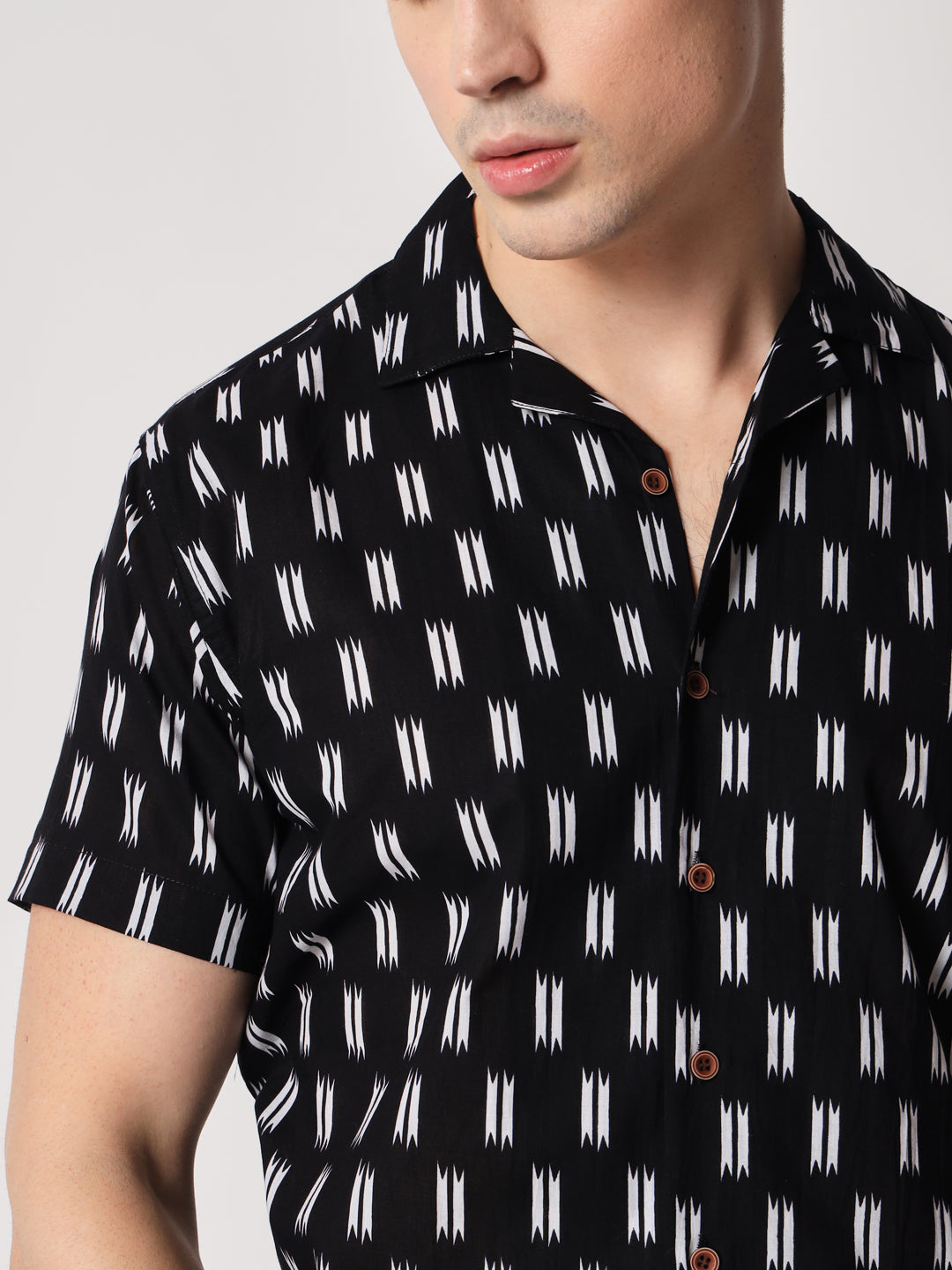 Firangi Yarn 100% Jaipuri Cotton Ikkat Cuban Collar Casual Shirt Black