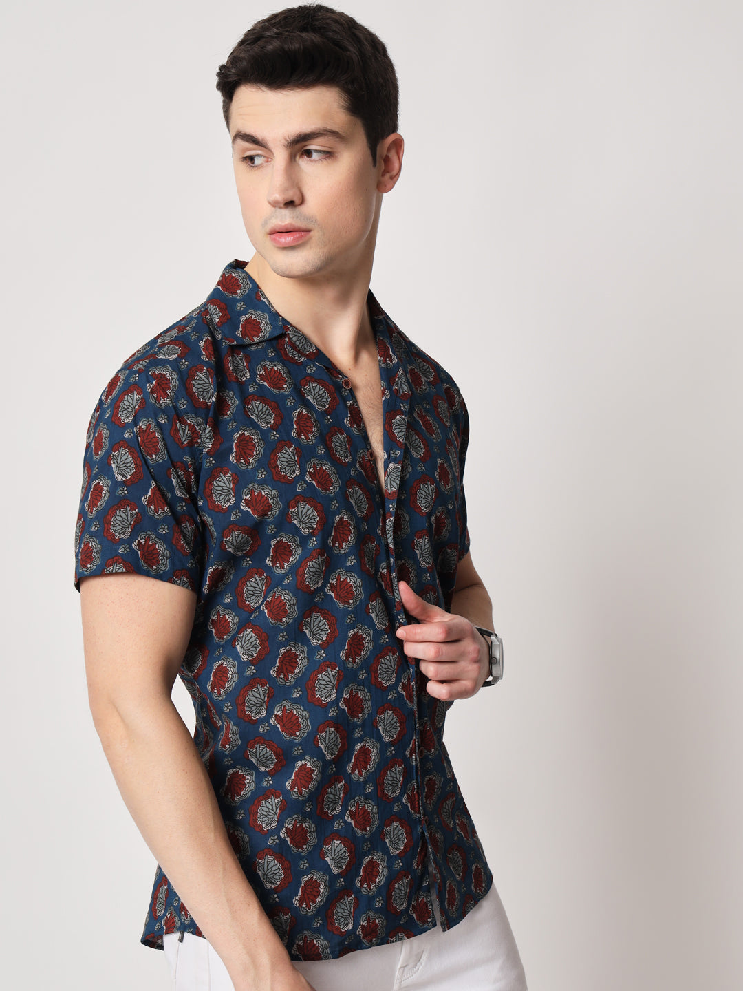 Firangi Yarn 100% Jaipuri Cotton Sea Shell Printed Beach Cuban Collar Casual Shirt Pure Indigo Dye