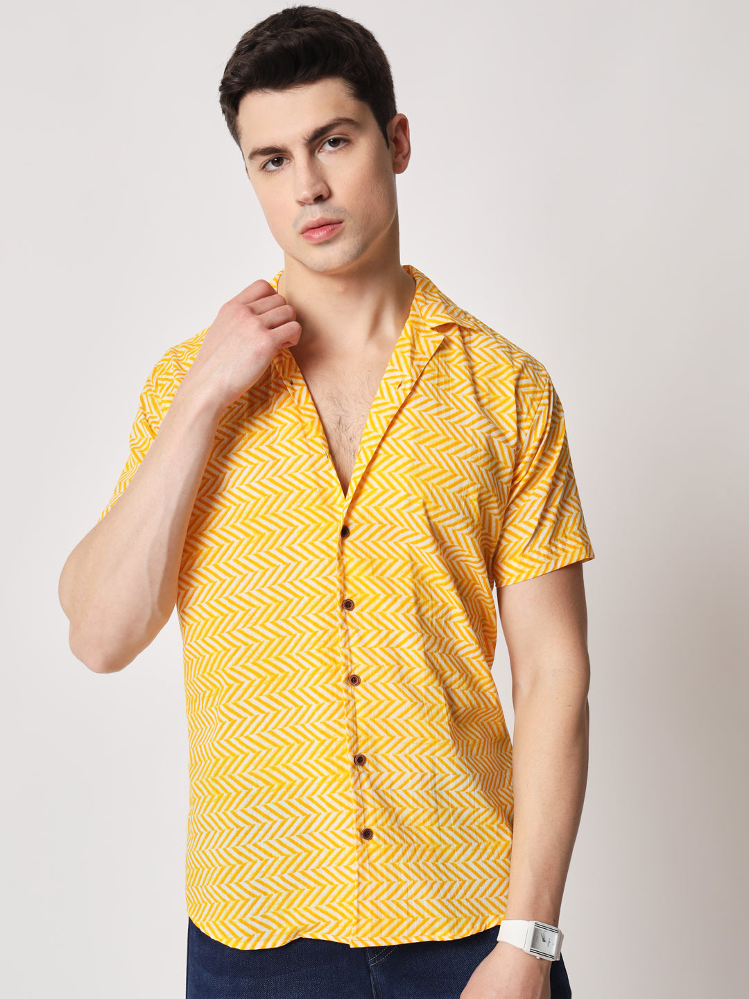 Firangi Yarn 100% Jaipuri Cotton Resort Chevron Printed Cuban Collar Casual Shirt Yellow