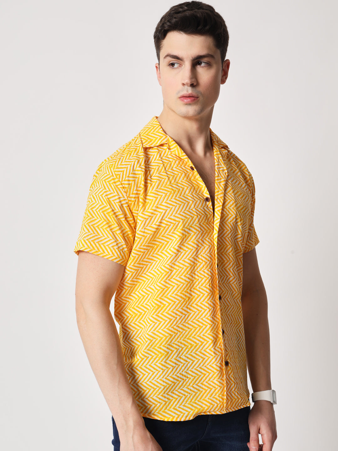 Firangi Yarn 100% Jaipuri Cotton Resort Chevron Printed Cuban Collar Casual Shirt Yellow