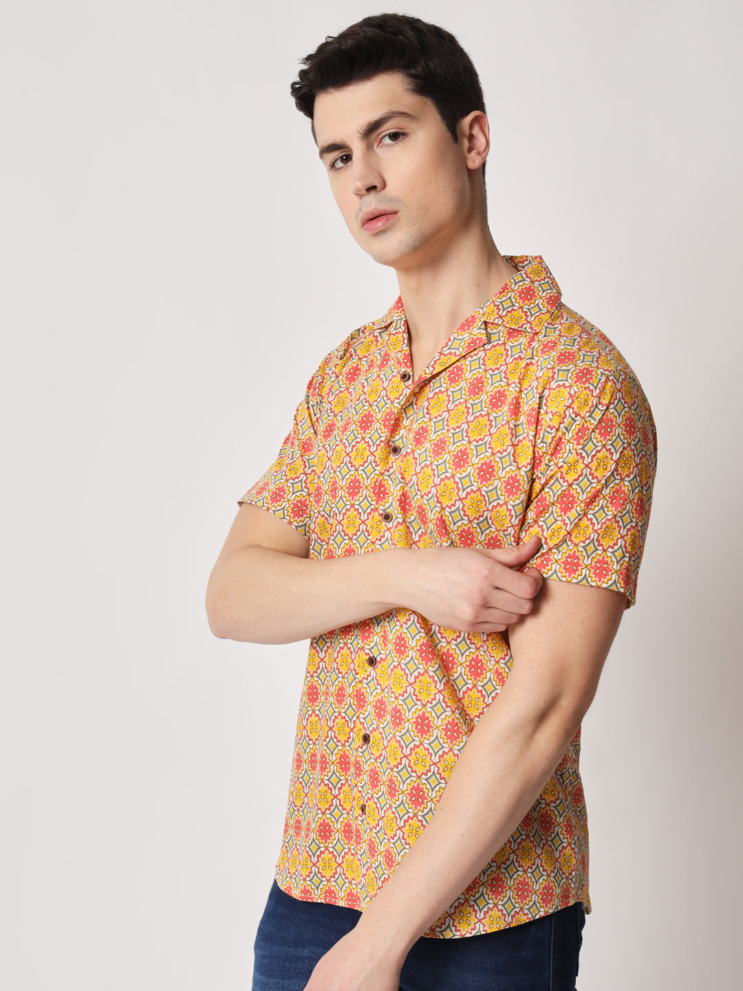 Firangi Yarn 100% Jaipuri Cotton Resort Cuban Collar Casual Shirt Multi-Color/Yellow