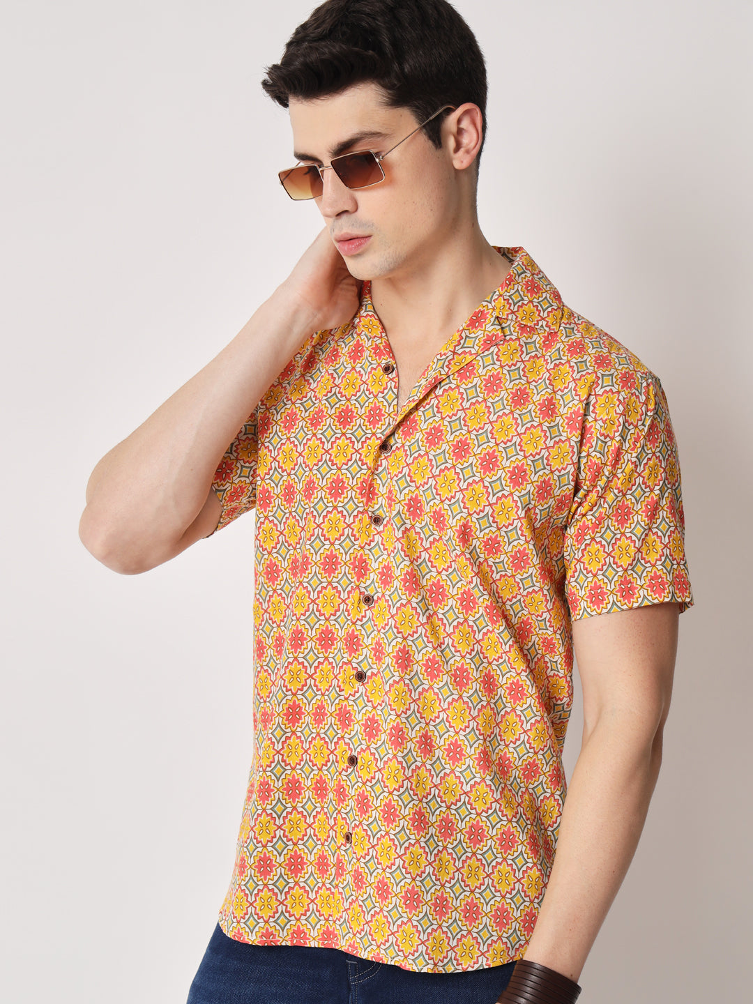 Firangi Yarn 100% Jaipuri Cotton Resort Cuban Collar Casual Shirt Multi-Color/Yellow