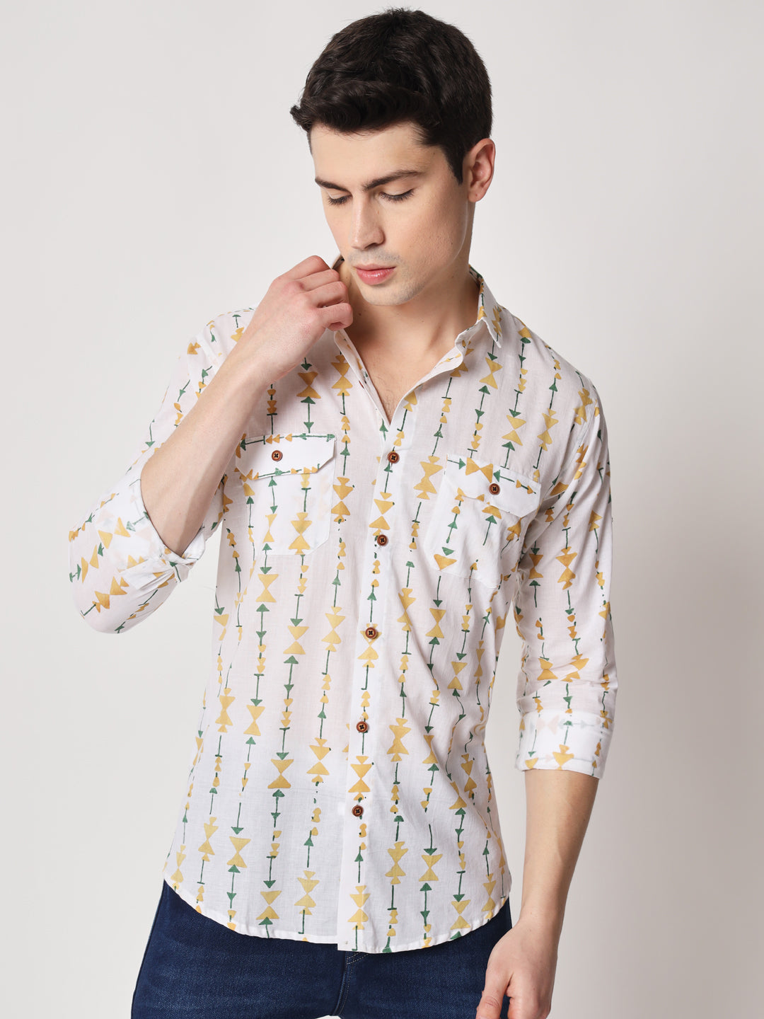 Firangi Yarn 100% Cotton Block Geomatric Printed Casual Full Sleeves With Flap Pockets Men's Party Wear Shirt