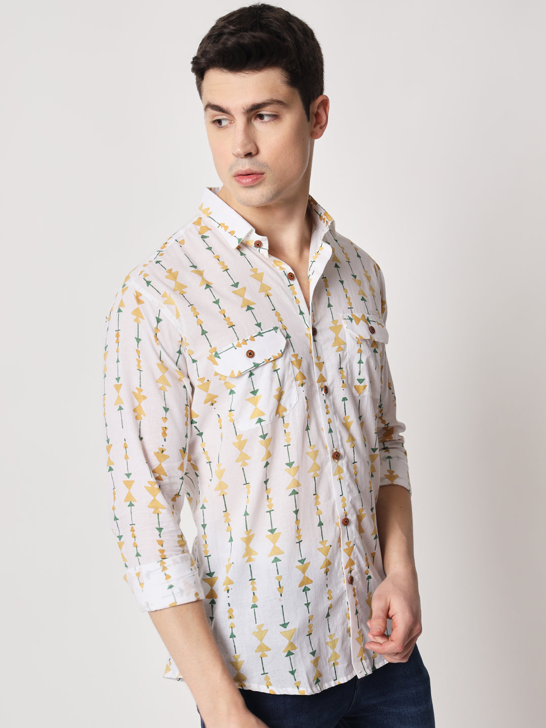 Firangi Yarn 100% Cotton Block Geomatric Printed Casual Full Sleeves With Flap Pockets Men's Party Wear Shirt