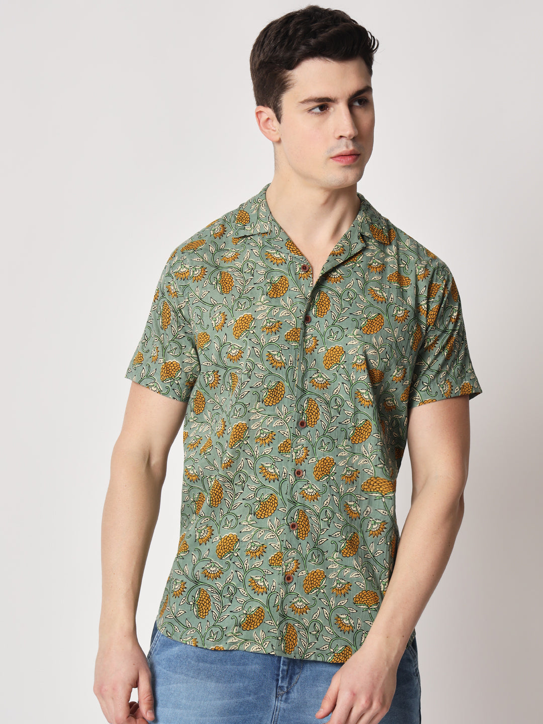 Firangi Yarn 100% Jaipuri Cotton Sanganeri Cheeku Pattern Cuban Collar Resort, Lounge Casual Shirt Pista Green