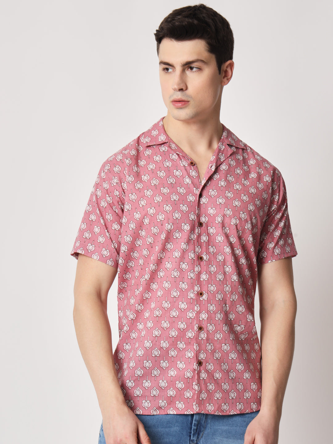 Firangi Yarn 100% Jaipuri Cotton Lotus Printed Beach Cuban Collar Casual Shirt Pink