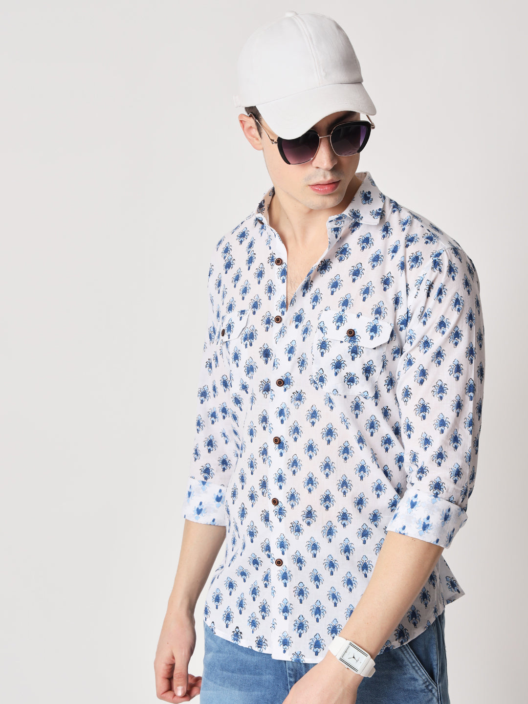 Firangi Yarn 100% Cotton Block Printed Casual Full Sleeves With Flap Pockets Men's Party Wear Shirt Blue/White