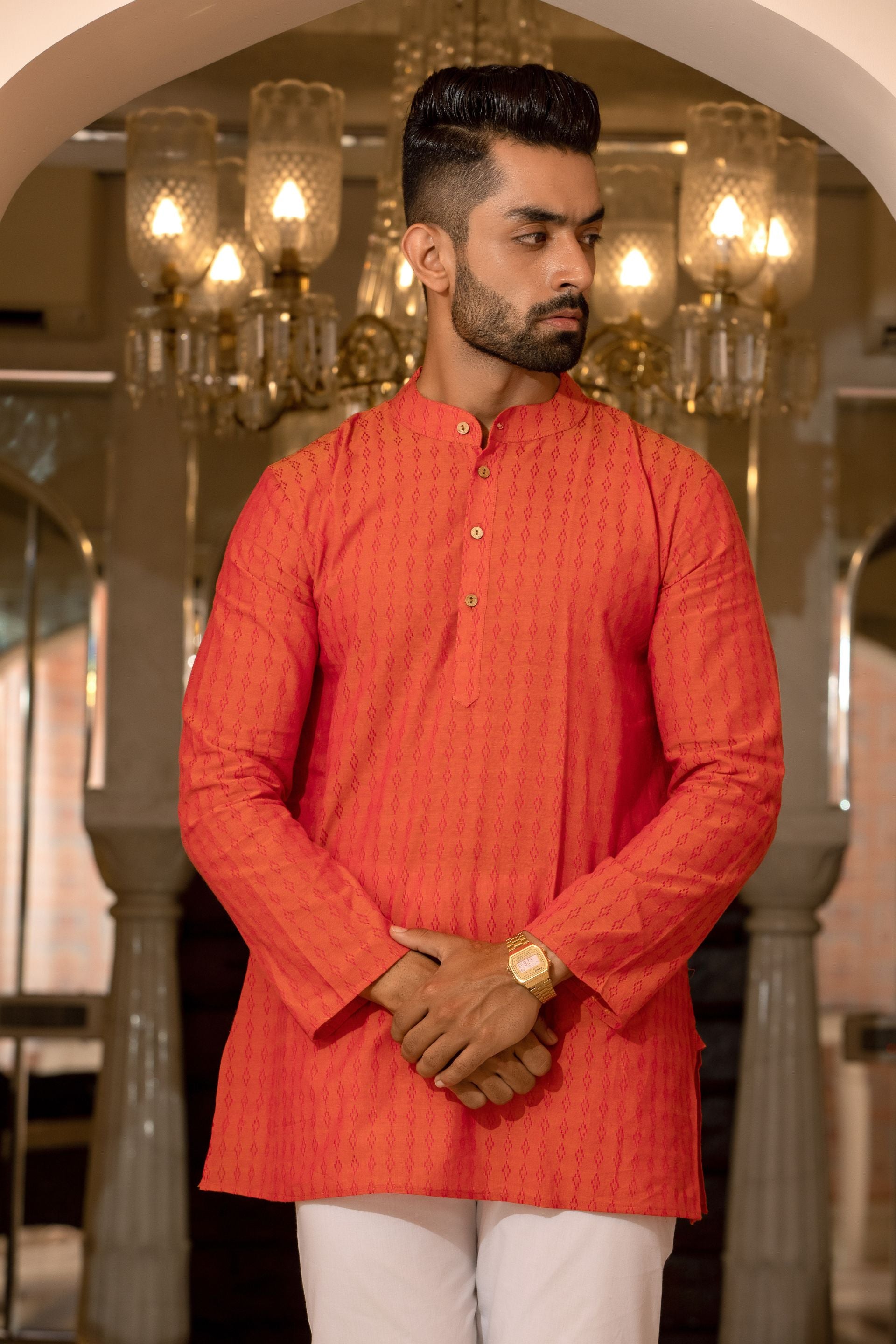 Firangi Yarn Orange/Red Jacquard Embroided Cotton Short Kurta For Men