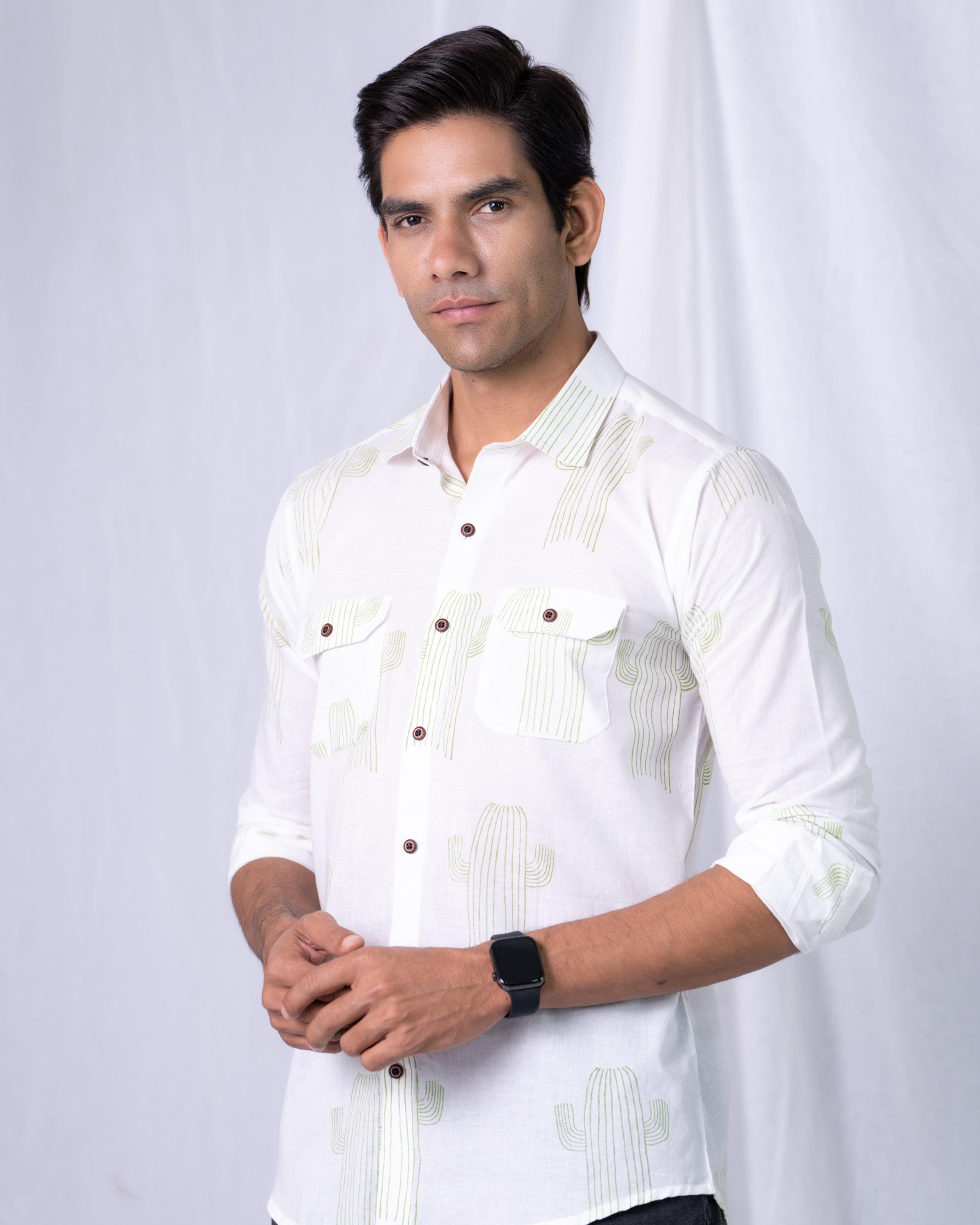 Firangi Yarn 100% Cotton Block Cactus Printed Casual Full Sleeves With Flap Pockets Men's Party Wear Shirt Green/White