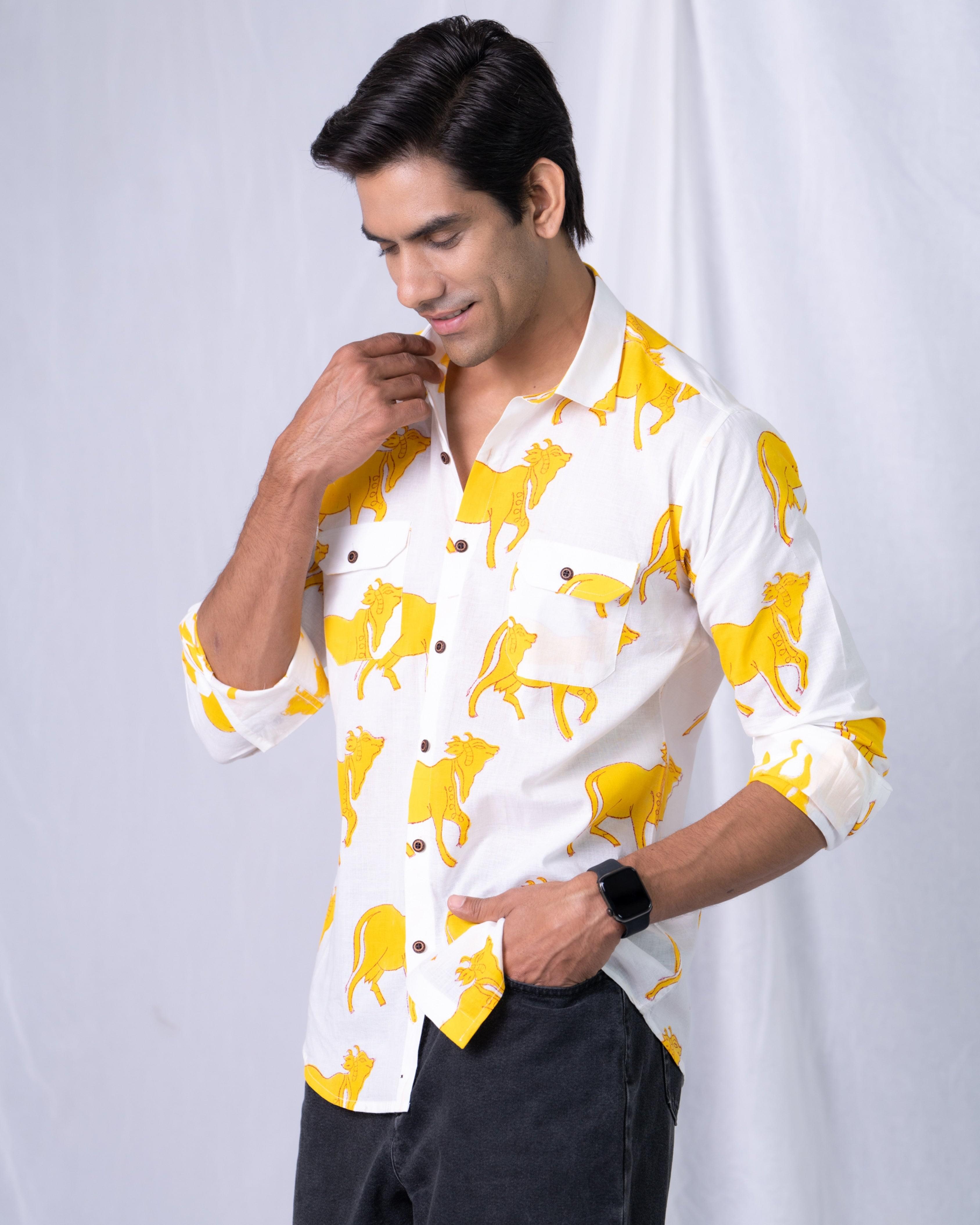 Firangi Yarn 100% Cotton Block Pichwai Cow Printed Casual Full Sleeves With Flap Pockets Men's Party Wear Shirt Yellow/White