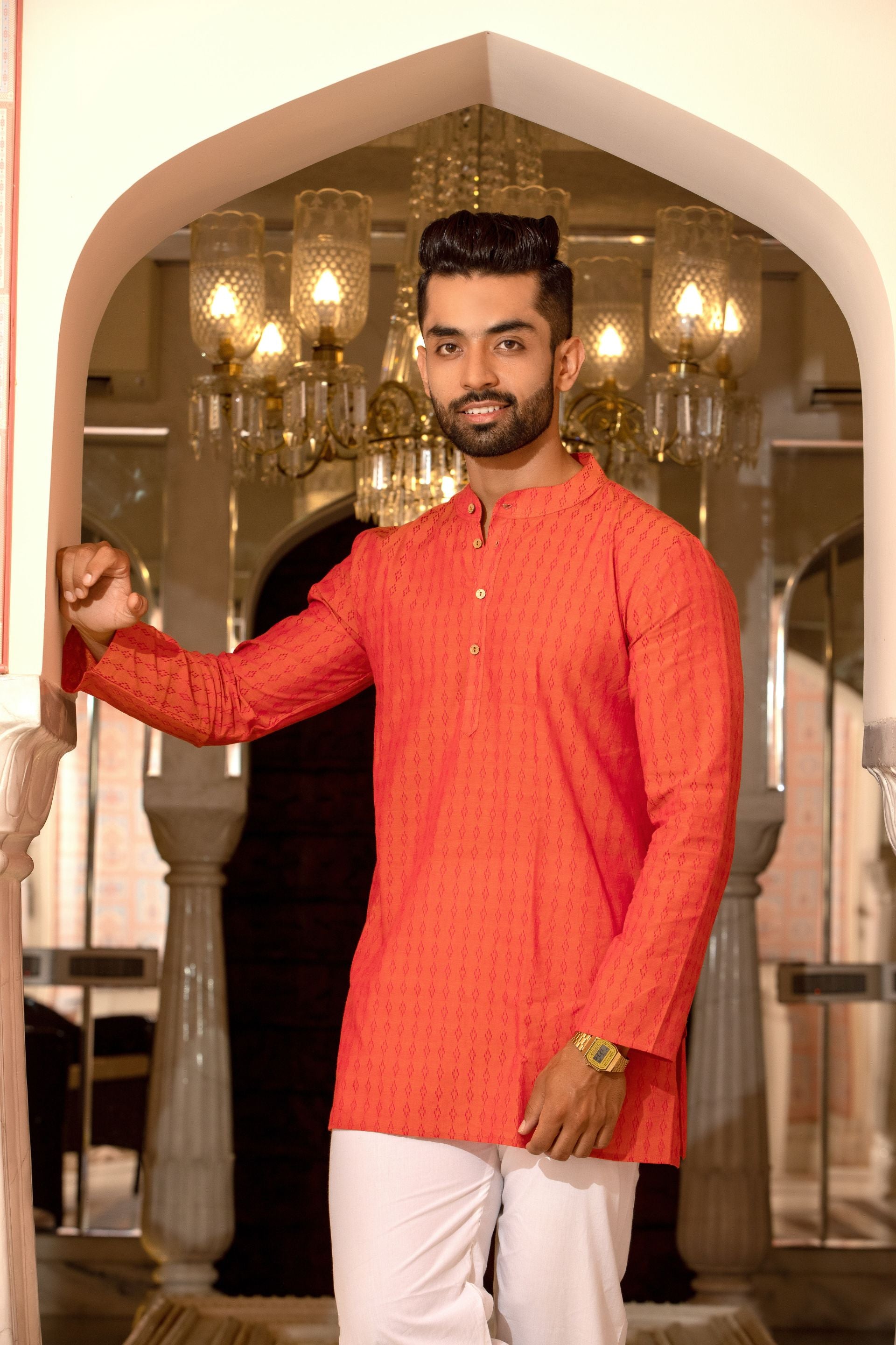 Firangi Yarn Orange/Red Jacquard Embroided Cotton Short Kurta For Men