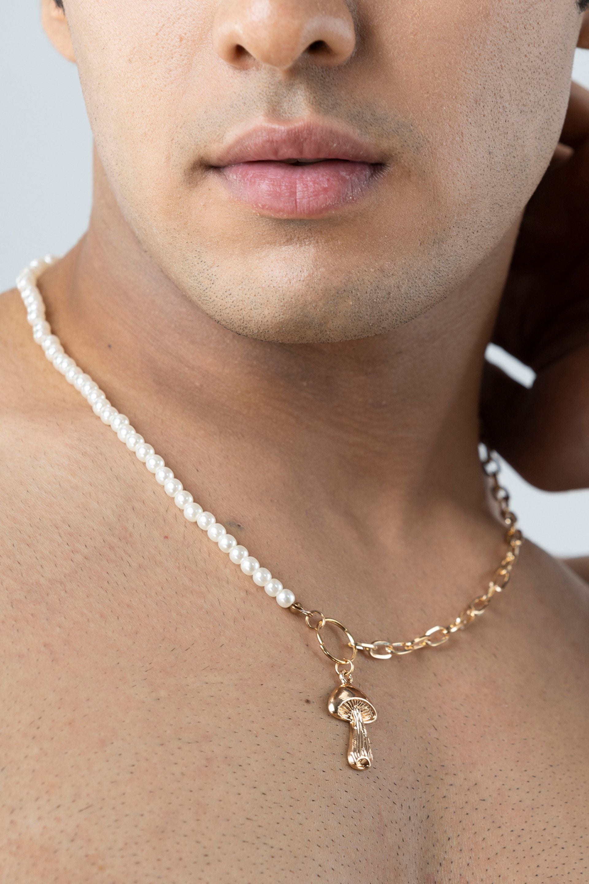 Firangi Yarn White Pearl Mushroom Pendant Necklace For Men