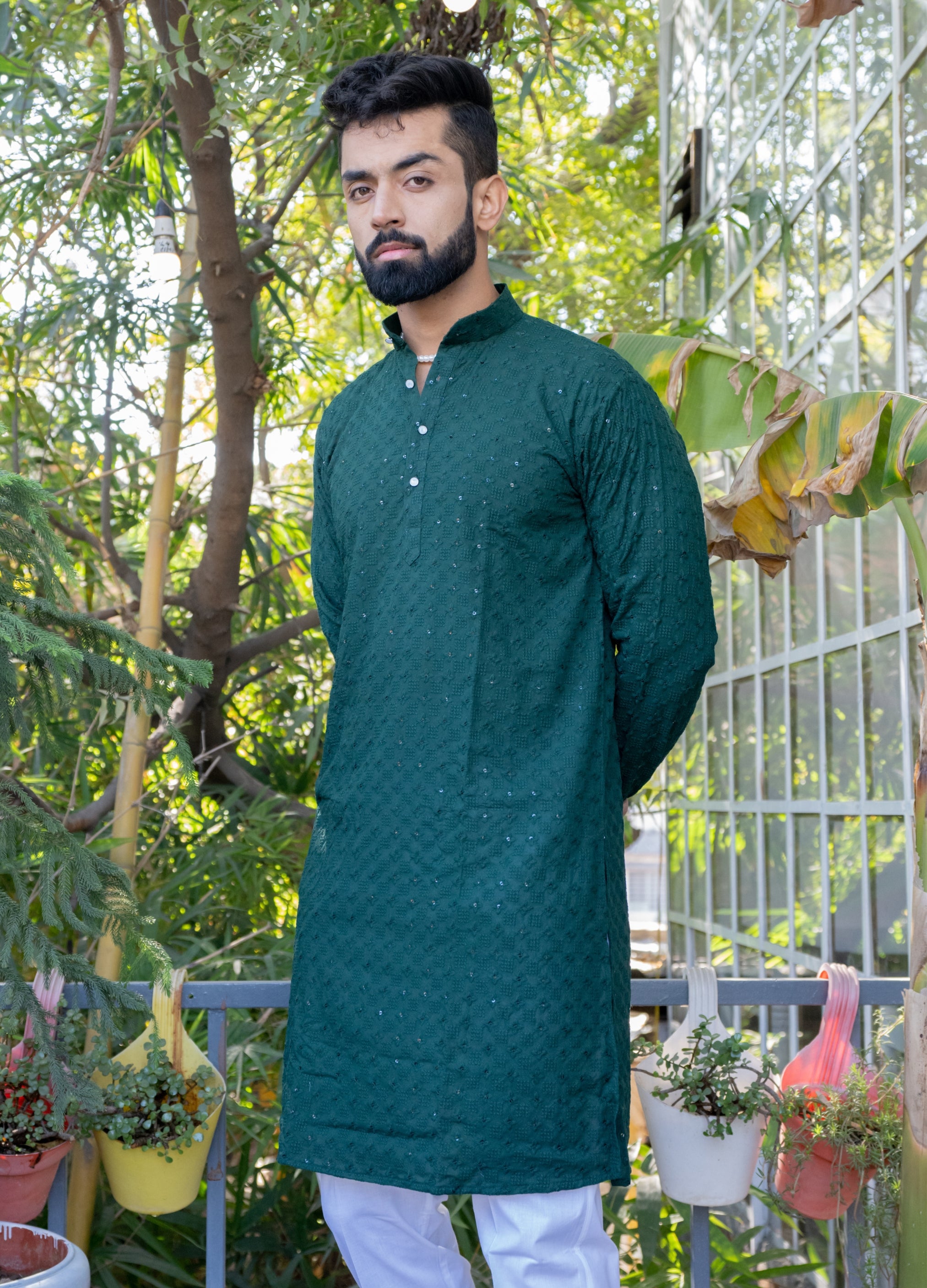 Firangi Yarn Lucknowi Lakhnavi Chikankari Sequin Work Cotton Kurta For Men Bottle Green