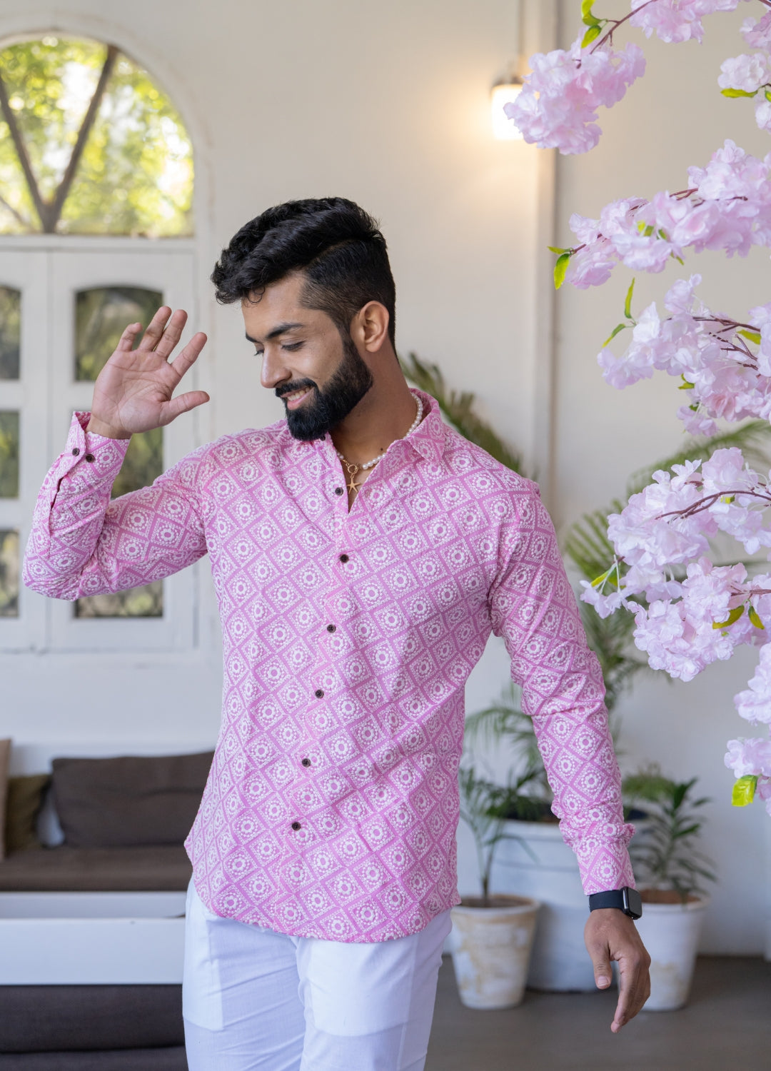 Firangi Yarn Super Soft Full Sleeves Chikankari Schiffli Embroided Men's Shirt Pink