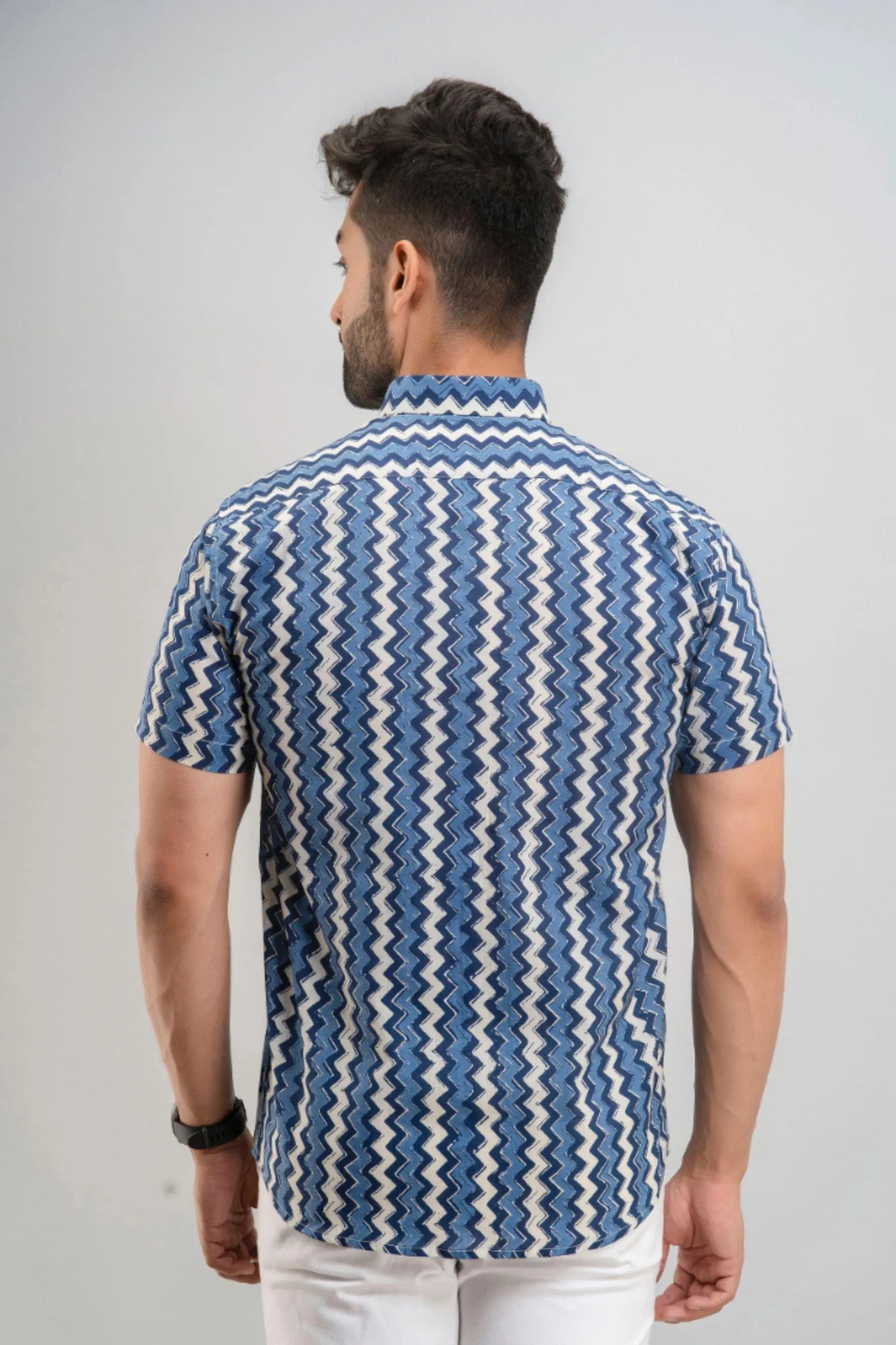 Firangi Yarn Block Printed Cotton Waves Chevron Blue Shirt For Men