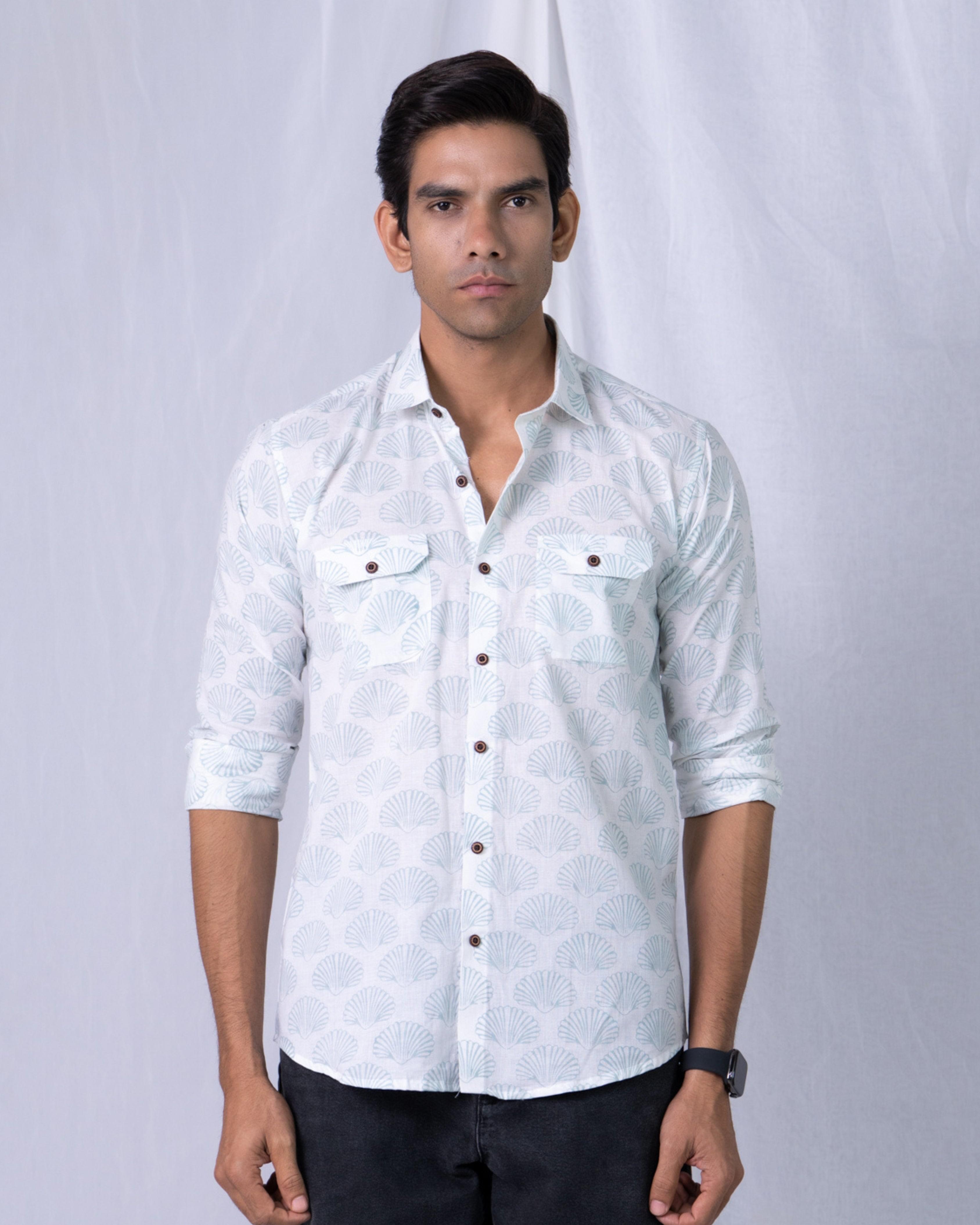 Firangi Yarn 100% Cotton Block Printed Sea Shell Casual Full Sleeves With Flap Pockets Men's Party Wear Shirt Blue/White