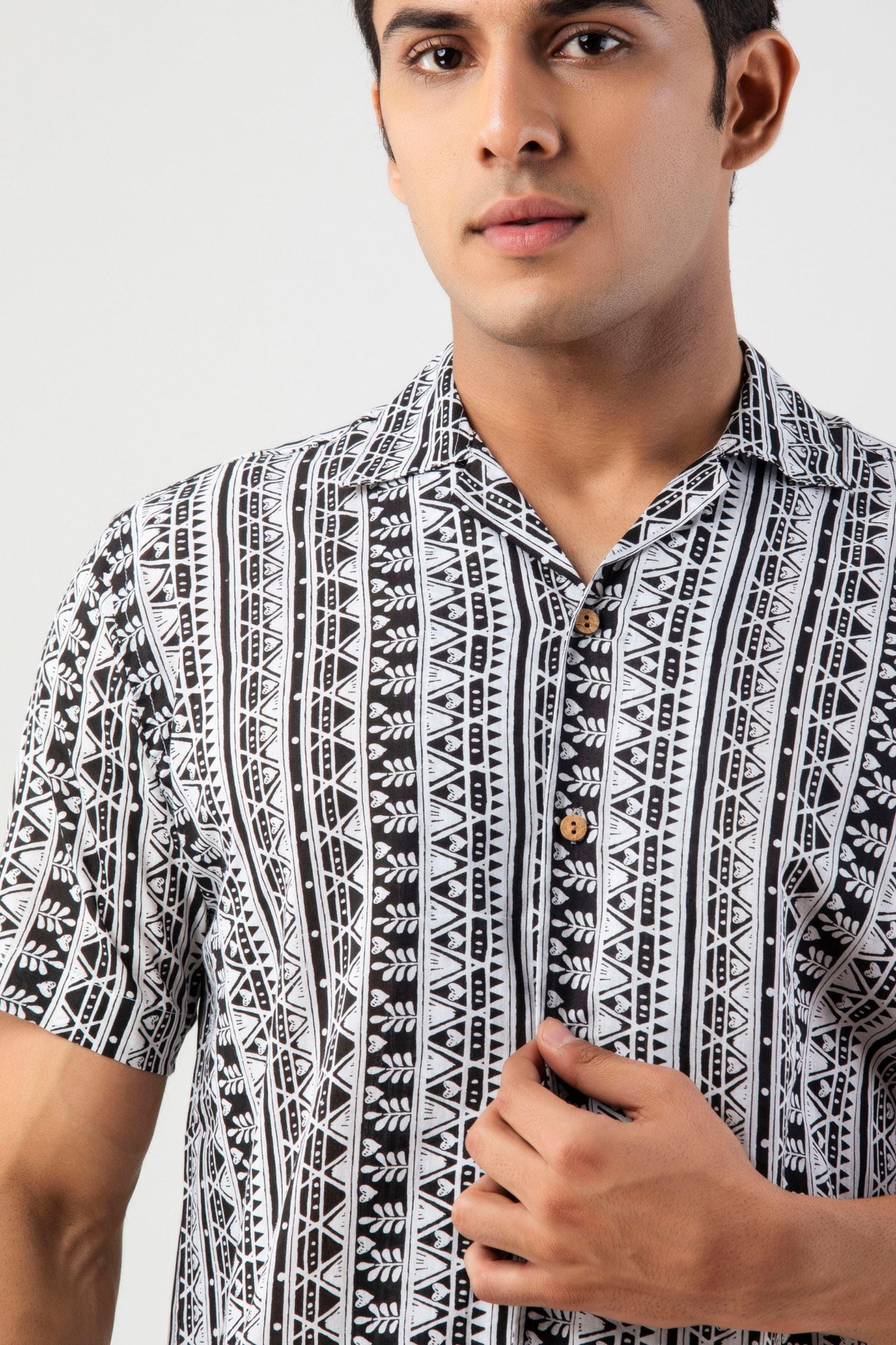 Firangi Yarn 100% Jaipuri Cotton Mandala Geomatric Printed Cuban Collar Shirt- Black Color