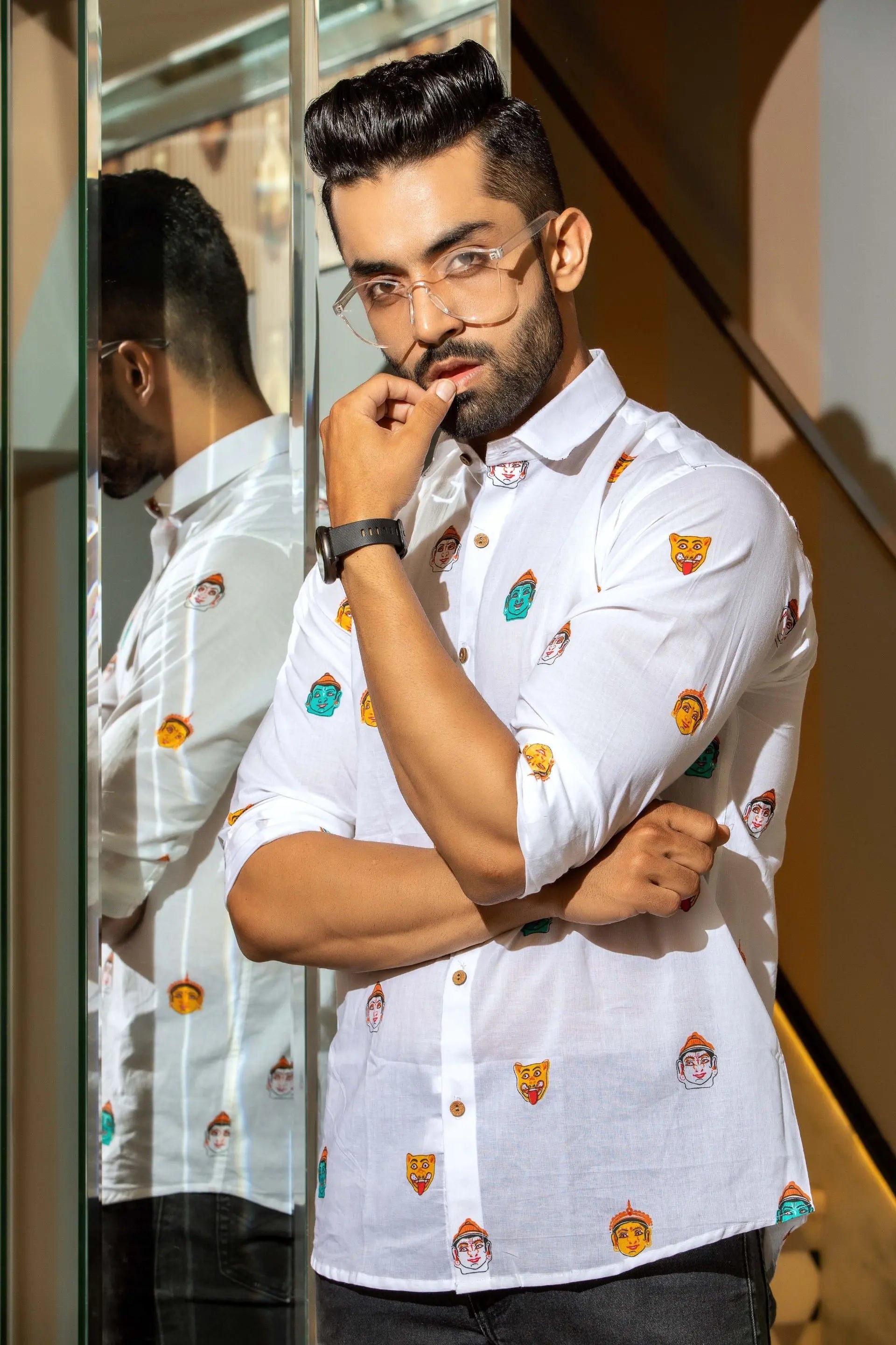 Firangi Yarn White Manipuri Printed 100% Cotton Shirt For Men - Full Sleeves