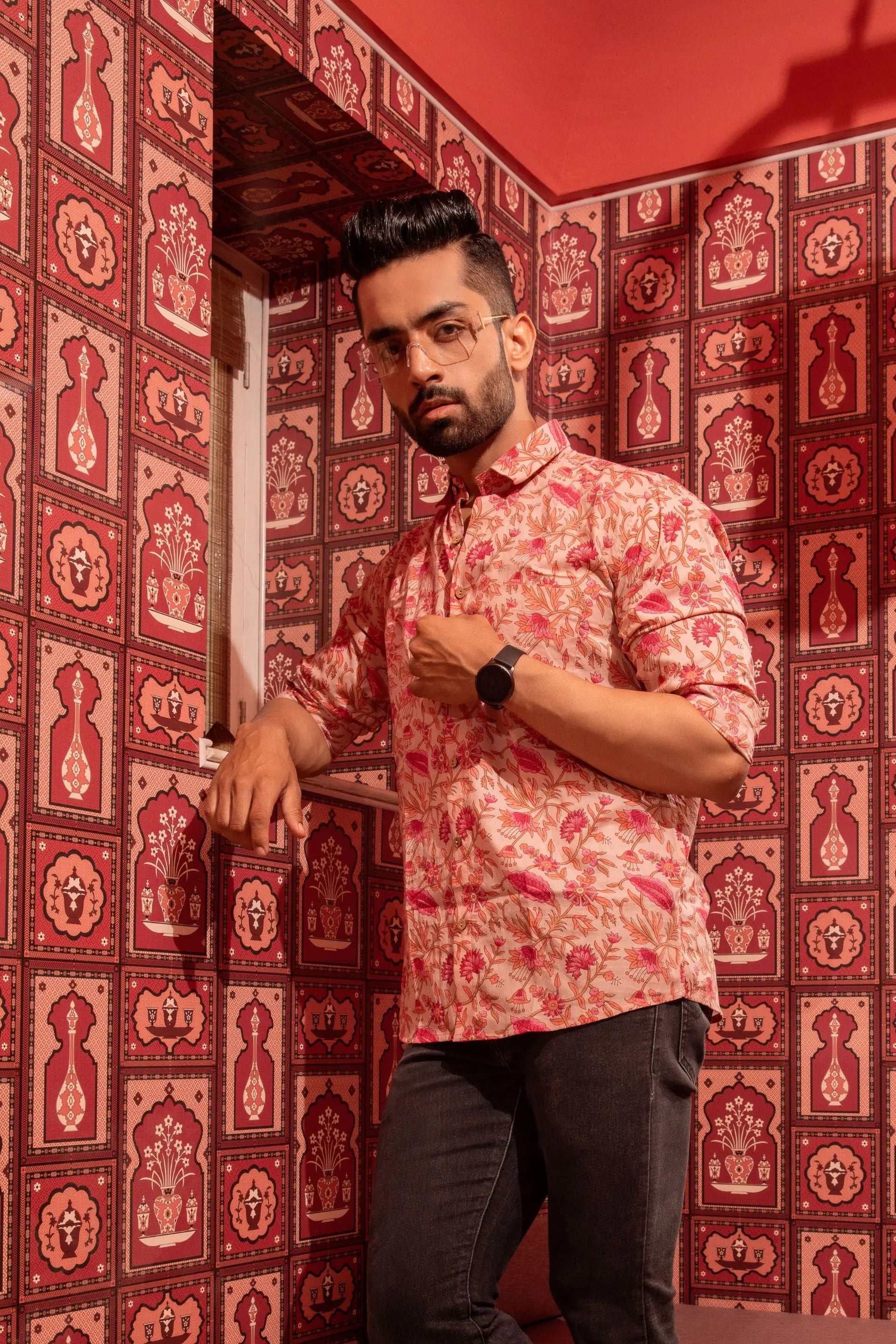 Firangi Yarn Pink Sanganeri Printed 100% Cotton Shirt For Men - Full Sleeves