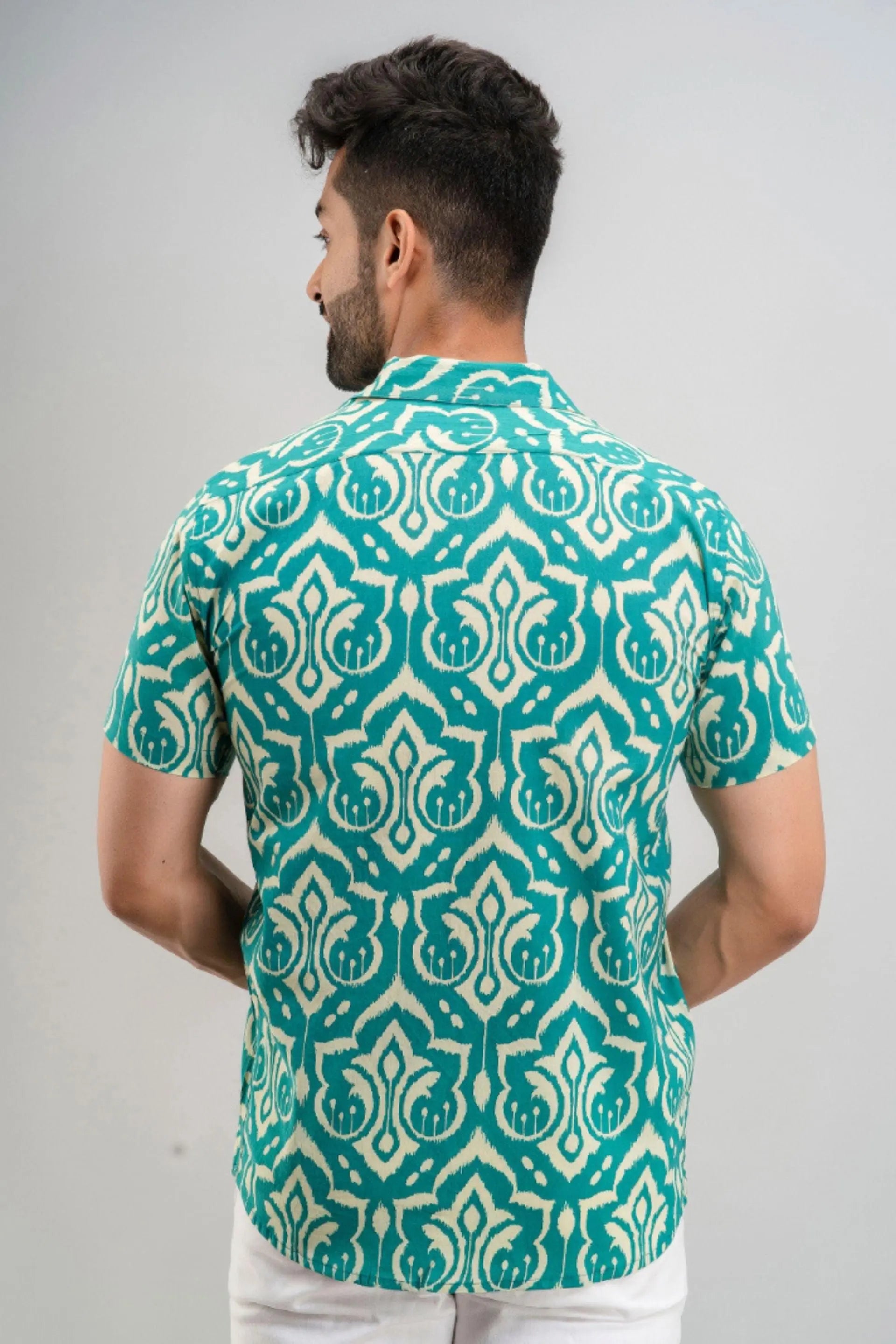 Firangi Yarn Abstract Block Printed Cotton Green Cuban Collar Shirt For Men