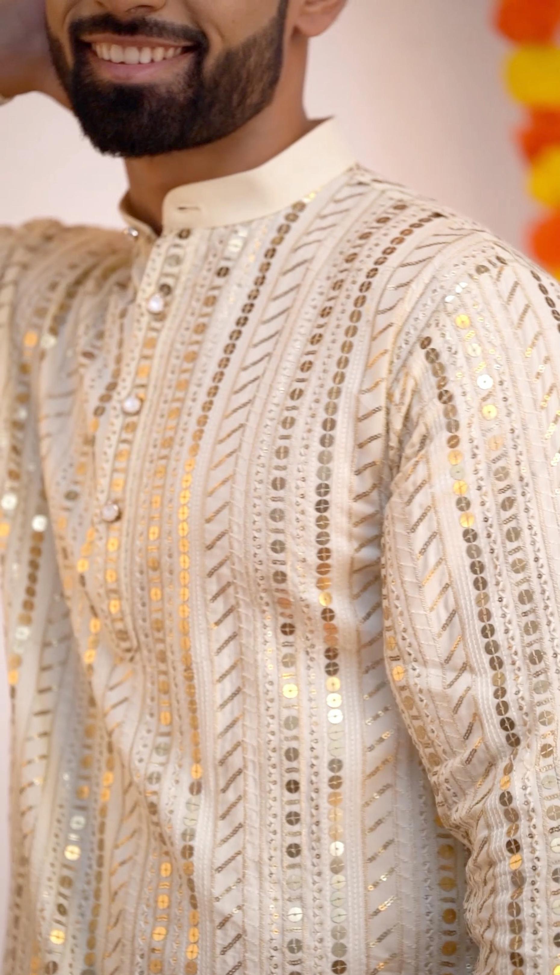 Firangi Yarn Cotton Sequin Work Wedding and Festive Wear Kurta Light Yellow Color