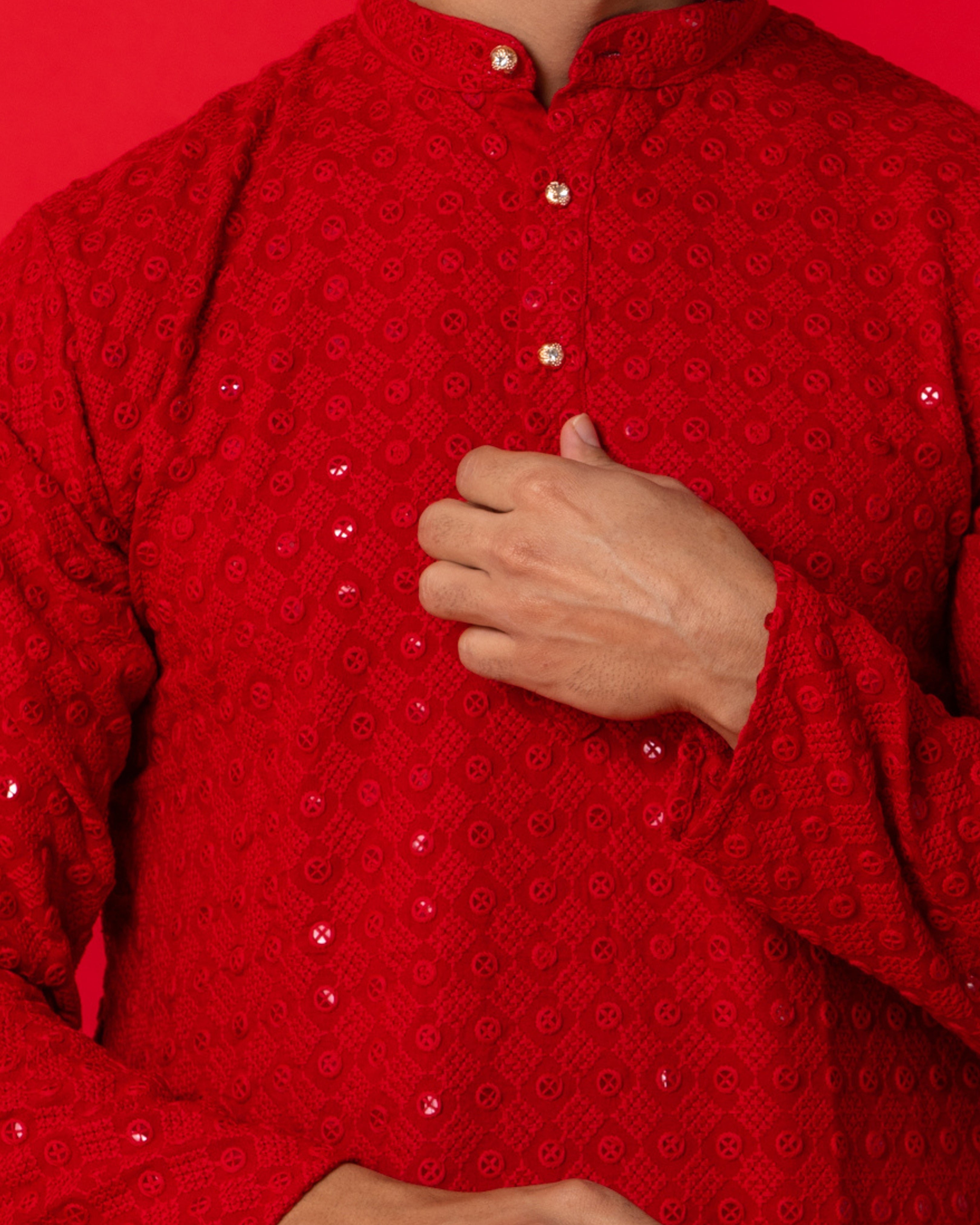 Firangi Yarn Lucknowi Lakhnavi Chikankari Sequin Work Cotton Kurta For Men Red