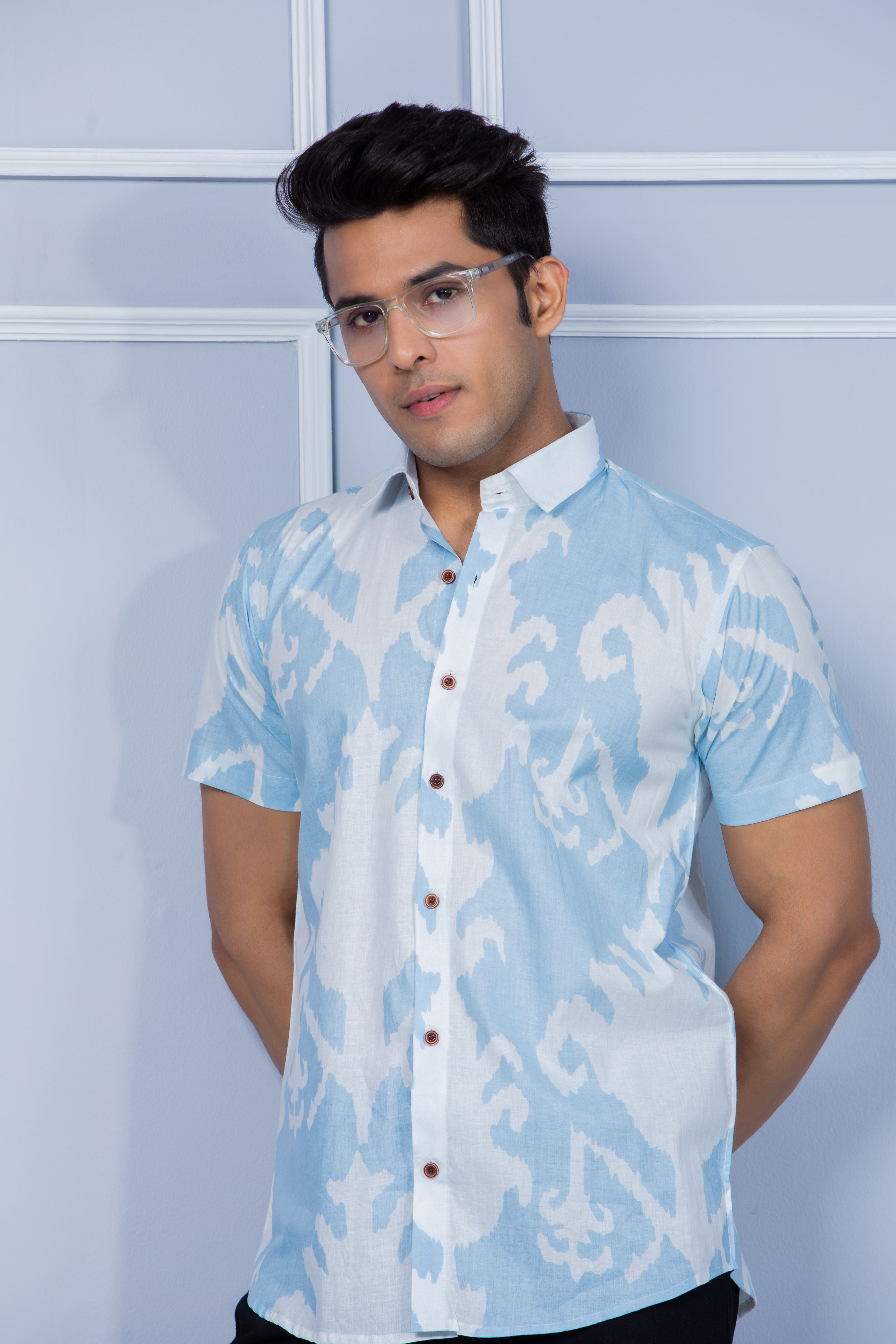 Firangi Yarn abstract Printed Cotton Jaipuri Pastel Blue Shirt For Men