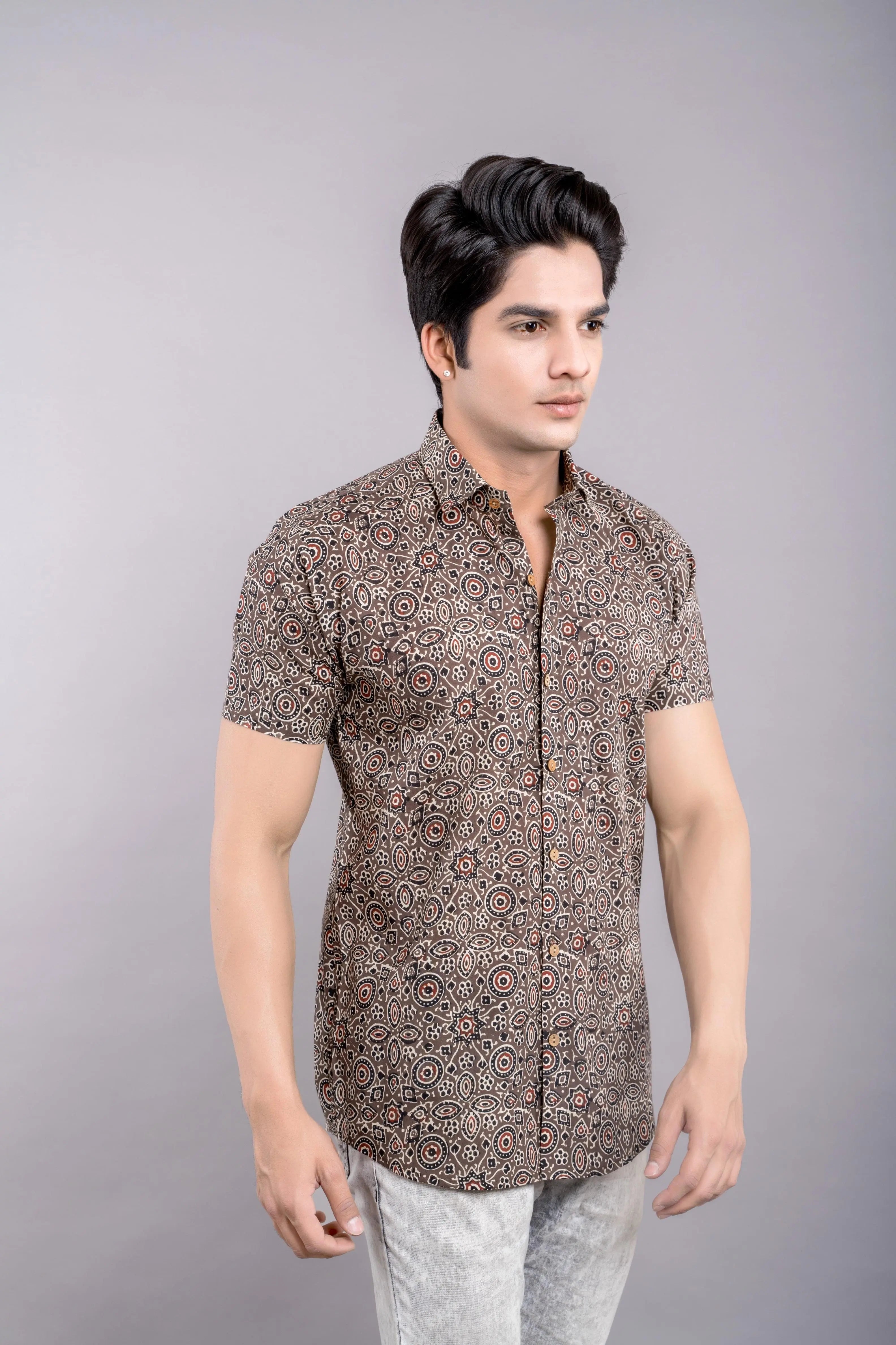 Firangi Yarn Ajrakh Printed 100% Cotton Shirt For Men -Brown