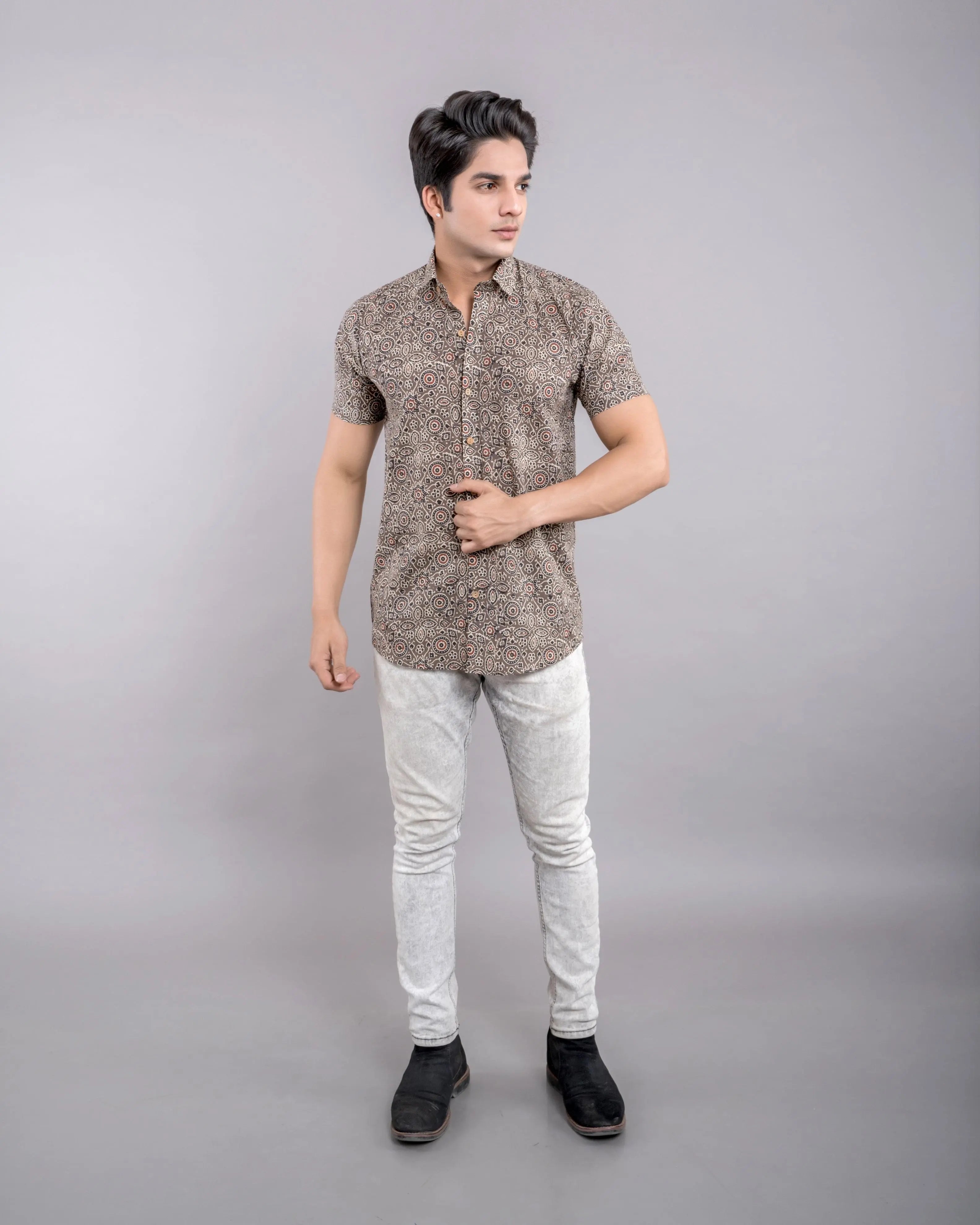 Firangi Yarn Ajrakh Printed 100% Cotton Shirt For Men -Brown