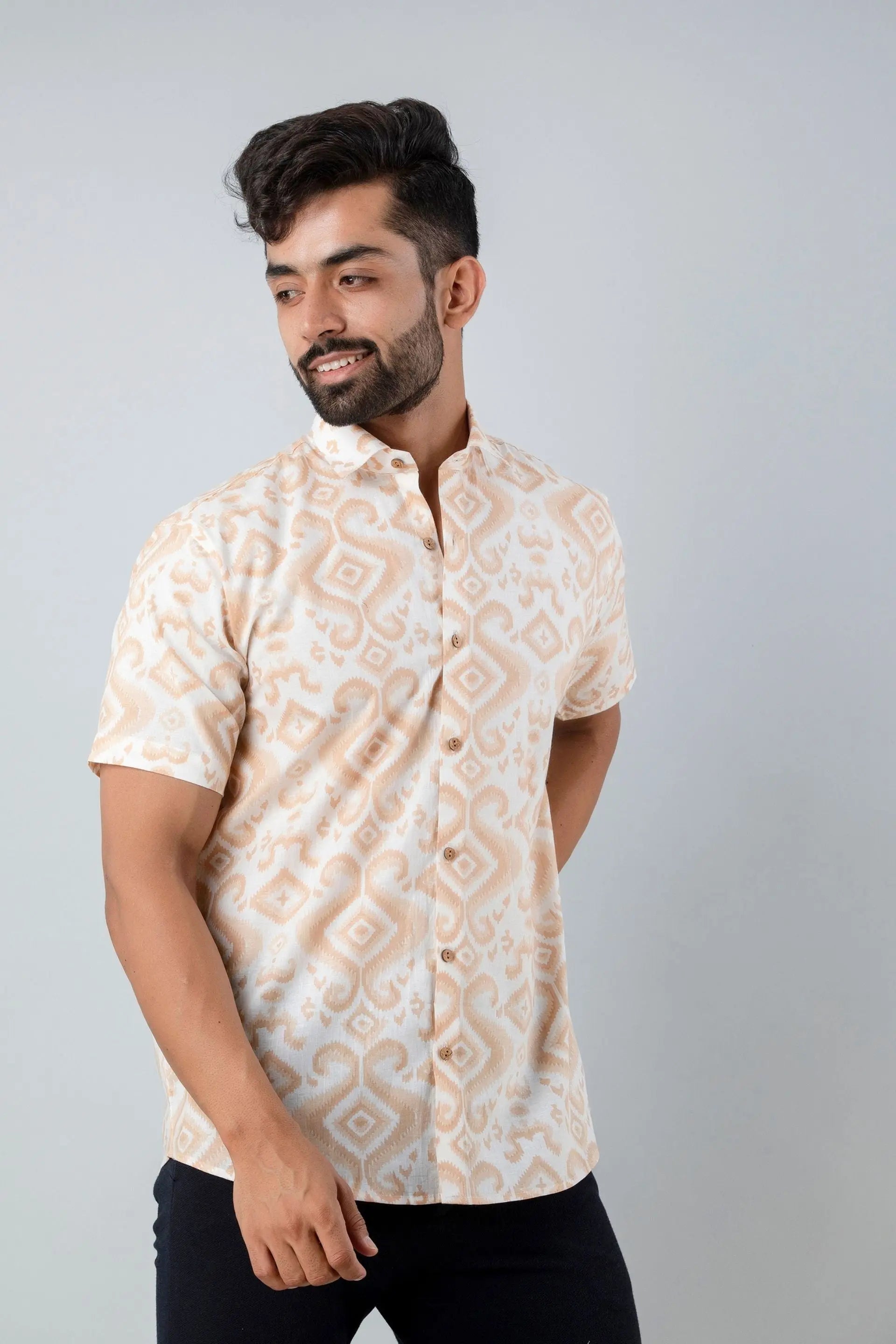 Firangi Yarn Cotton Beige and White Block Ikkat Printed Shirt For Men