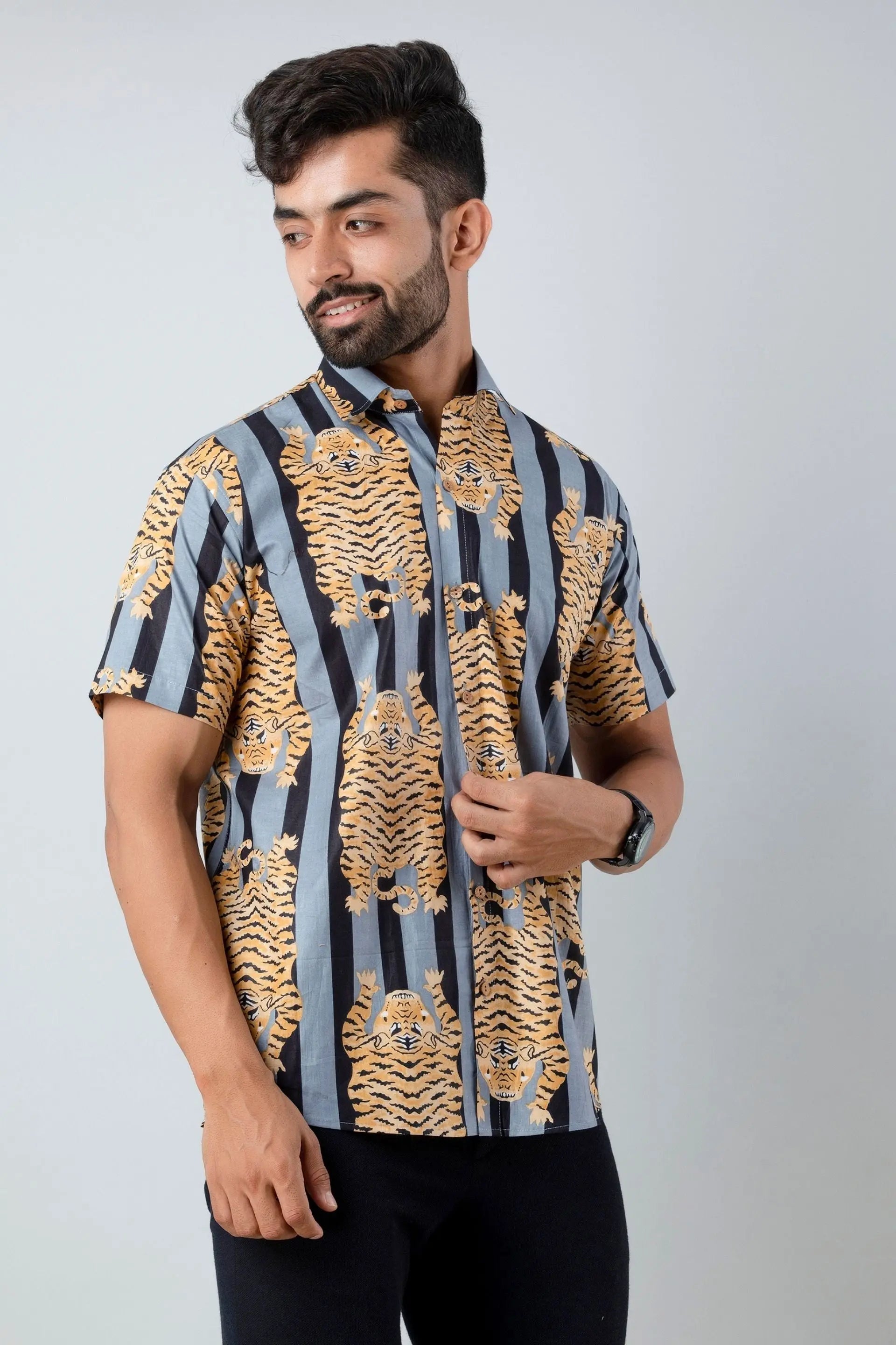 Firangi Yarn Cotton Black Block Stripes with Tiger Printed Shirt For Men