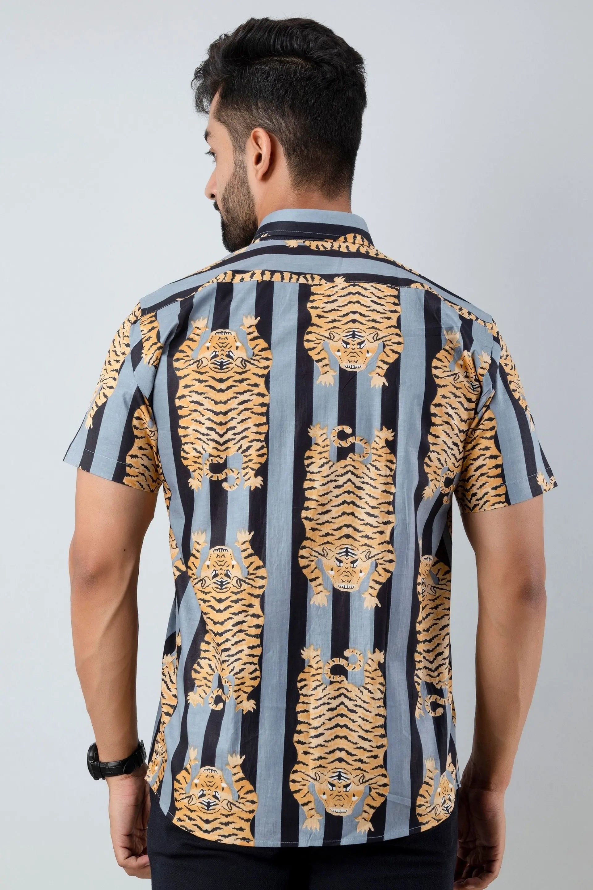 Firangi Yarn Cotton Black Block Stripes with Tiger Printed Shirt For Men