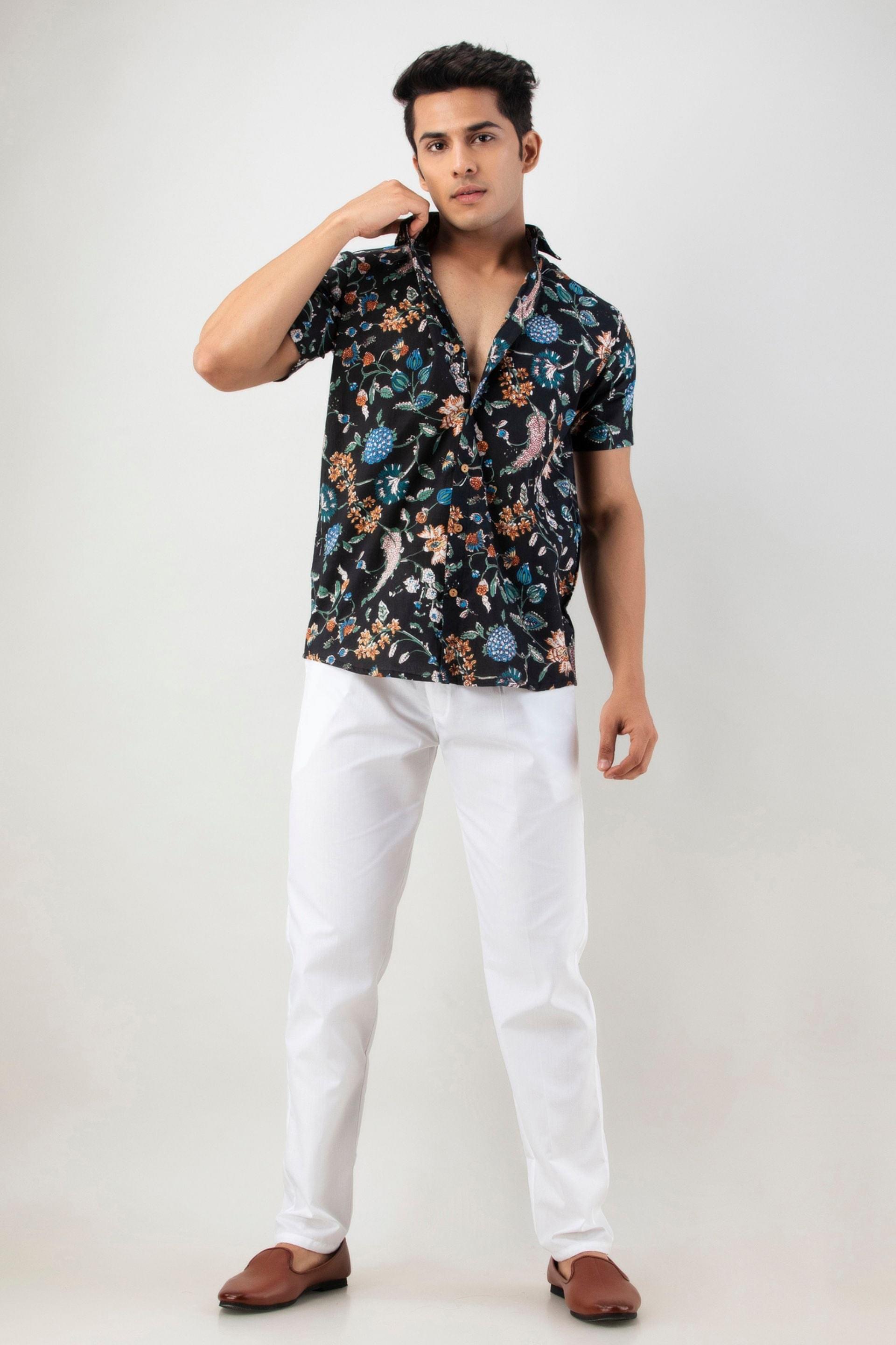Firangi Yarn Black Chintz Art Printed Cotton Floral Shirt For Men - Half Sleeves, White
