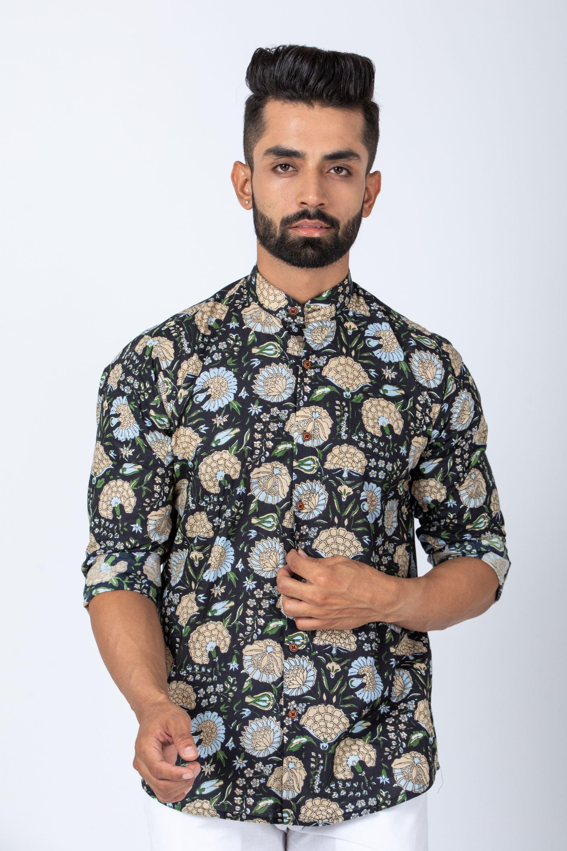 Firangi Yarn 100% Cotton Block Printed Full Sleeves Mandarin Collar Men's Shirt